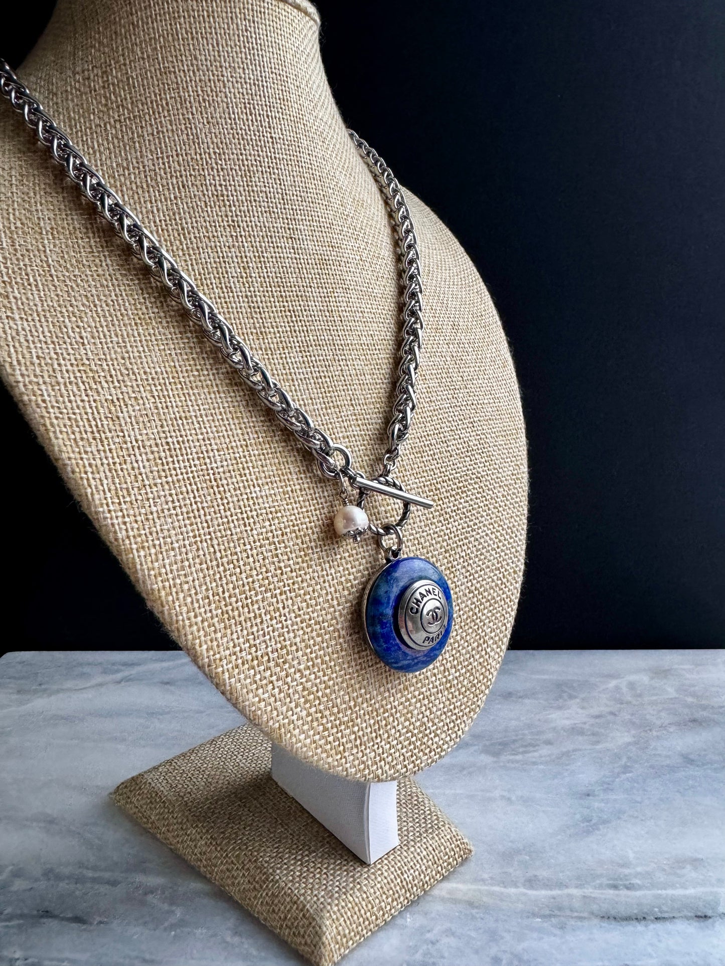 Blue stone One of a kind Authentic Reworked button necklace