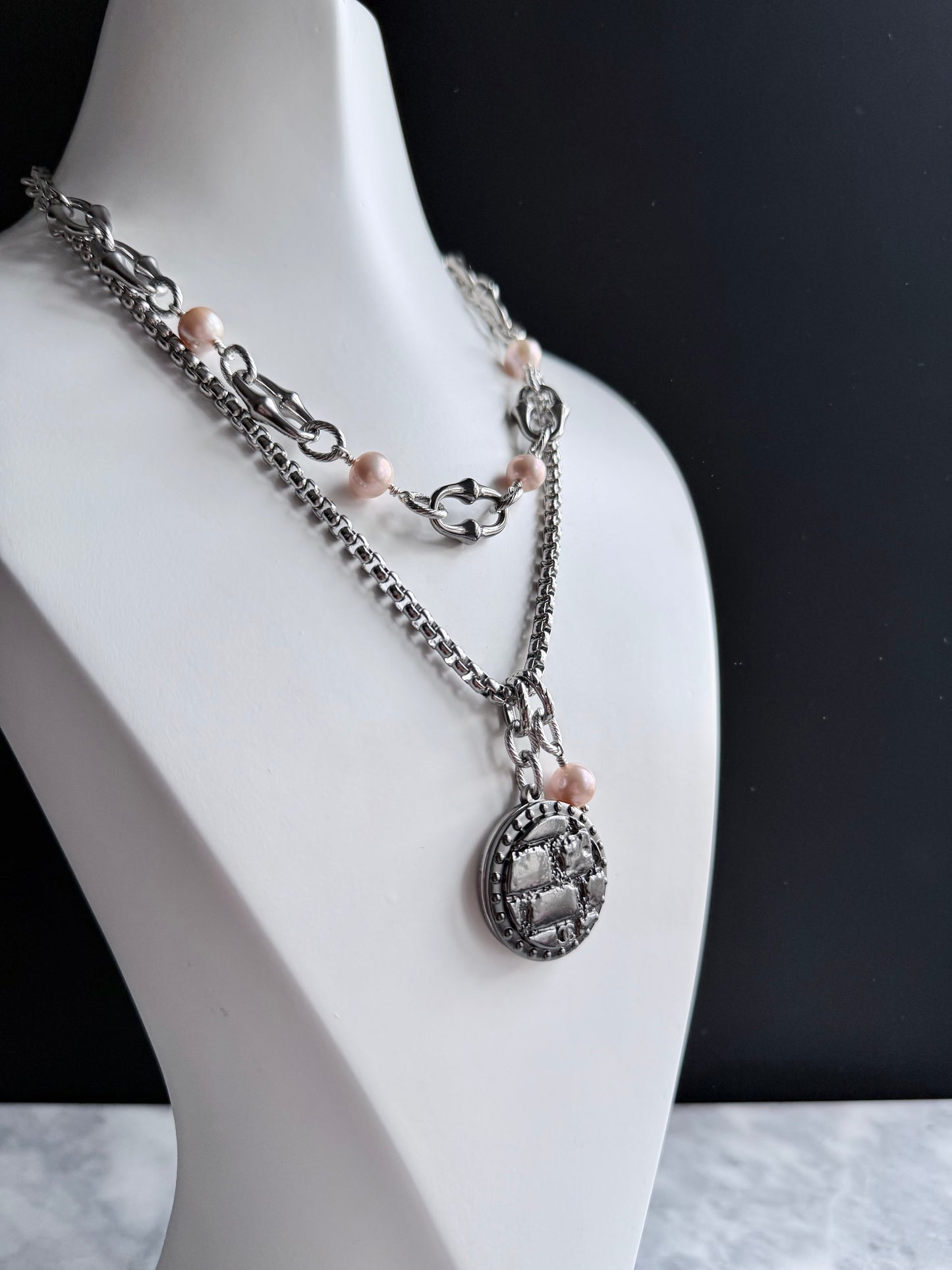 🖤 LARGE ONE OF A KIND - Authentic Reworked silver Button Double wrap Necklace