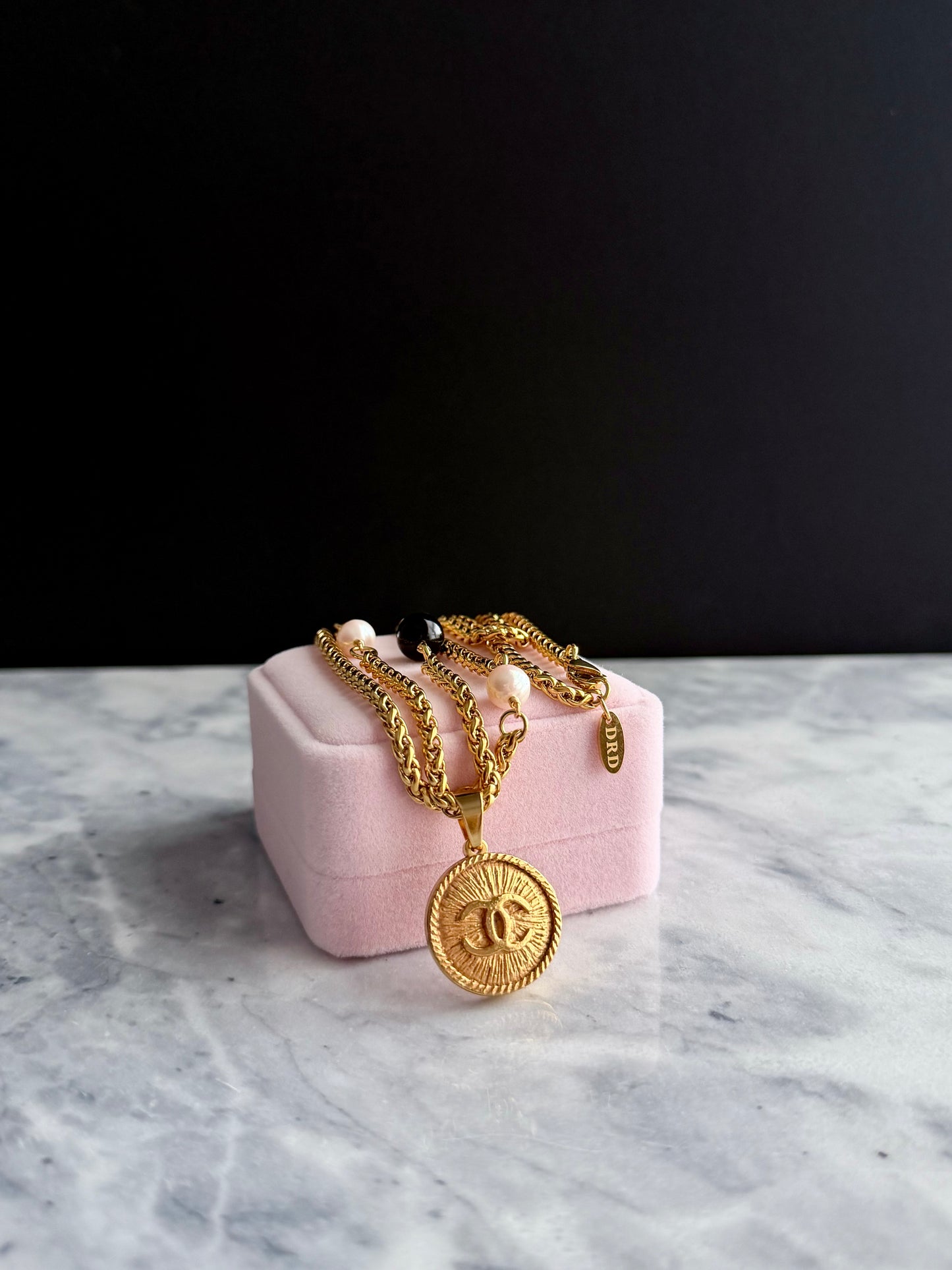 ✨ Long double wrap One of a kind black and white pearls and Authentic Reworked button necklace