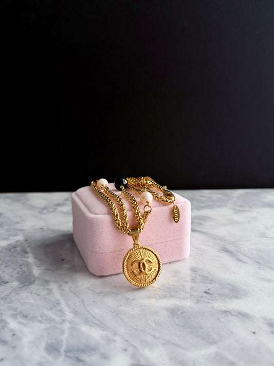 ✨ Long double wrap One of a kind black and white pearls and Authentic Reworked button necklace