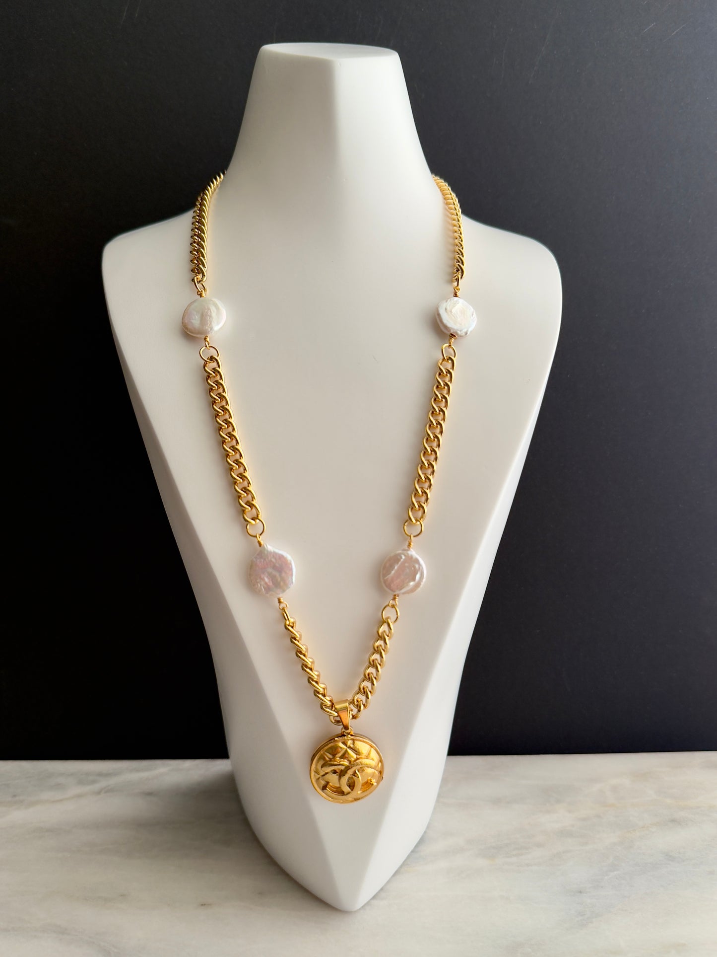 Extremely rare Vintage Authentic reworked Gold button Necklace with coin pearls