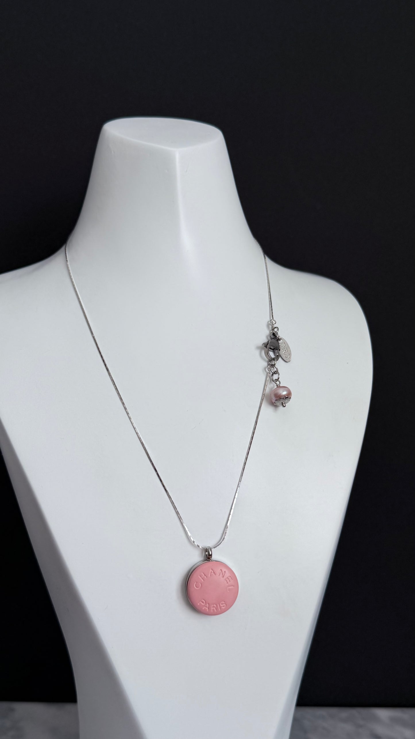 🌸 Reworked Authentic sterling silver button necklace with sterling silver chain - MEDIUM SIZE WITH PINK PEARL