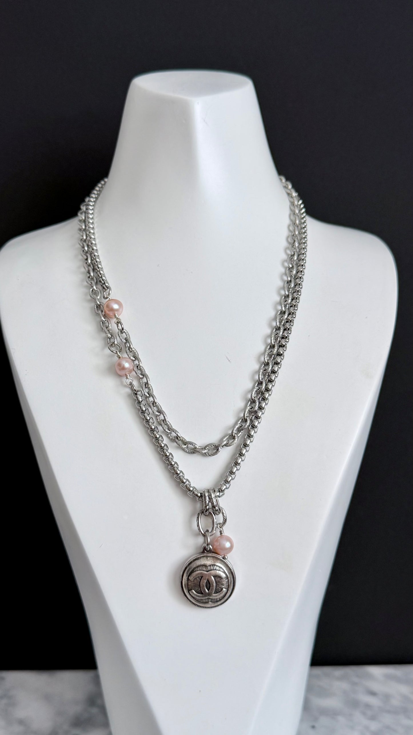 🖤 ONE OF A KIND - Authentic Reworked silver Button Double wrap Necklace