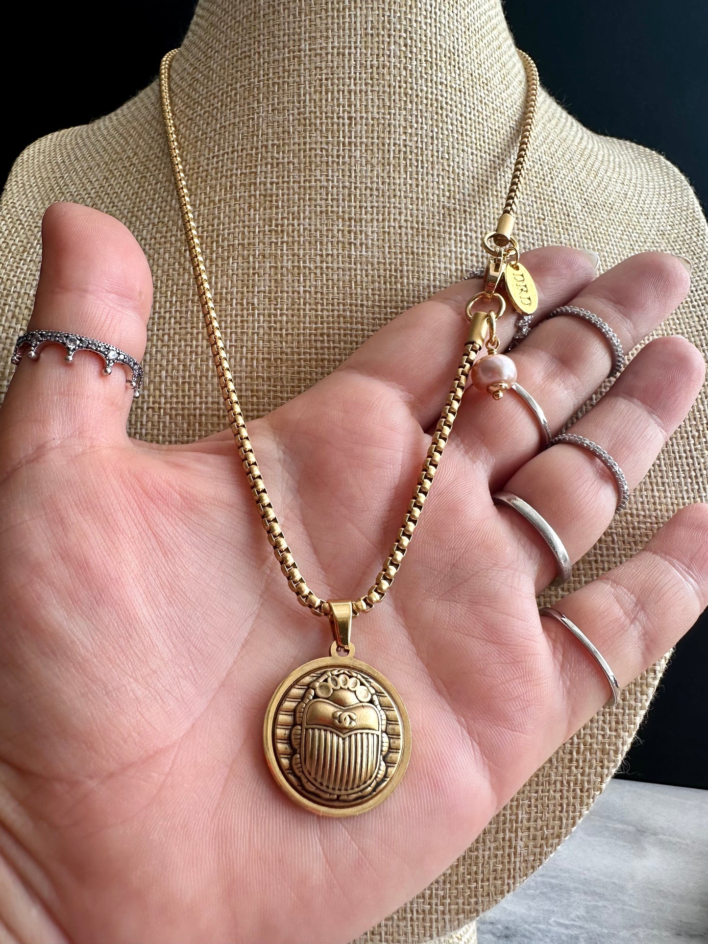 Vintage Authentic reworked Gold scarab beetle button Necklace