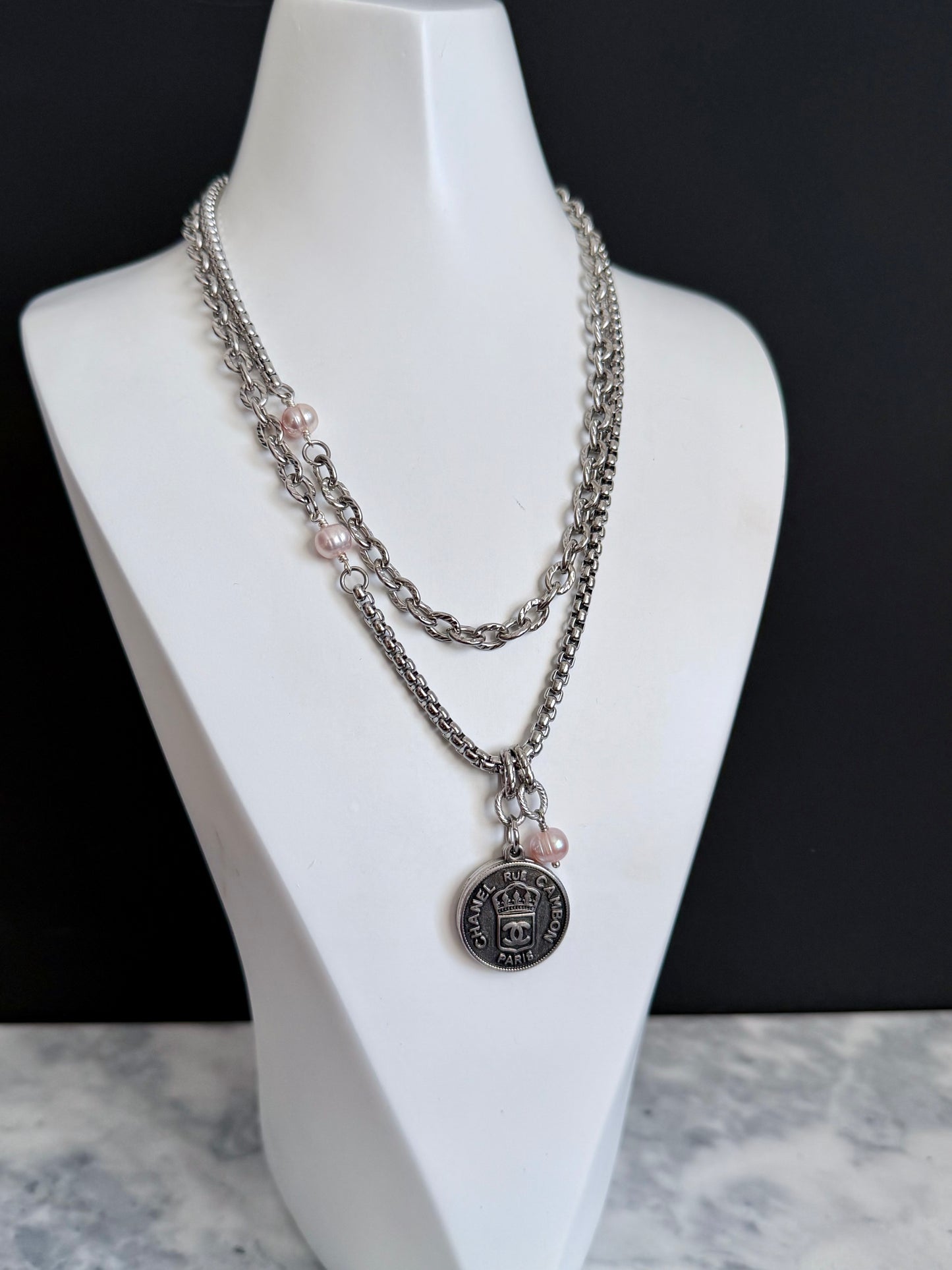🖤 ONE OF A KIND - Authentic Reworked silver Button Double wrap Necklace