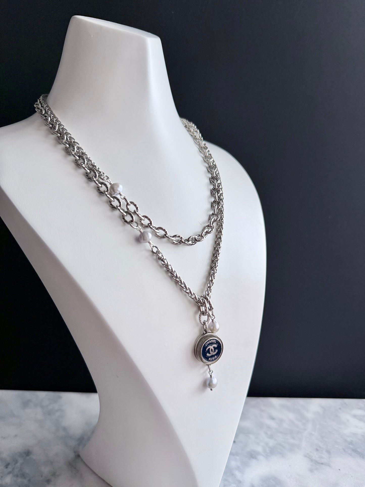 💙 ONE OF A KIND - Authentic Reworked silver Button Double wrap Necklace