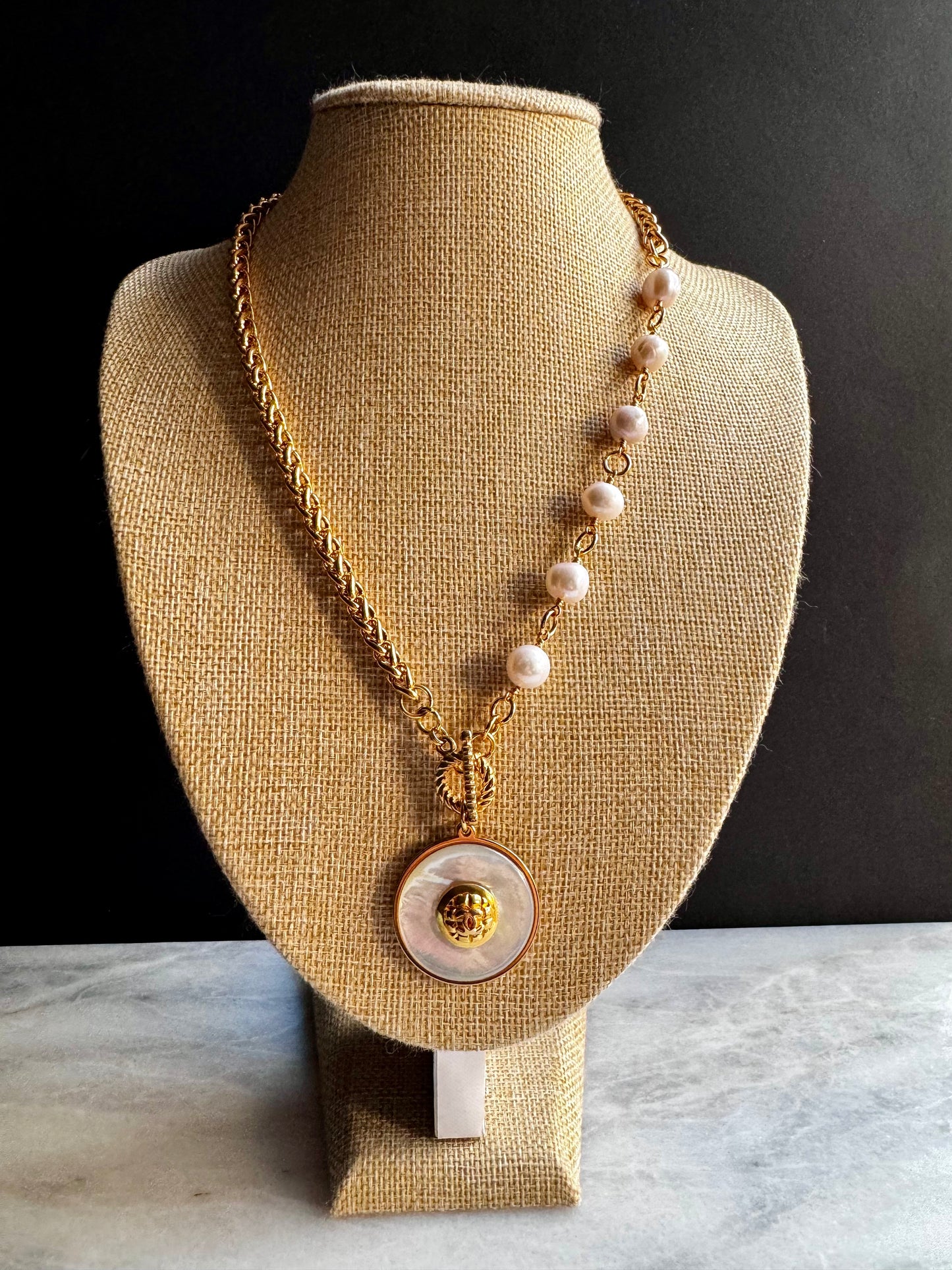 SUPER RARE Large MOTHER OF PEARL and Vintage Authentic reworked Gold button Necklace