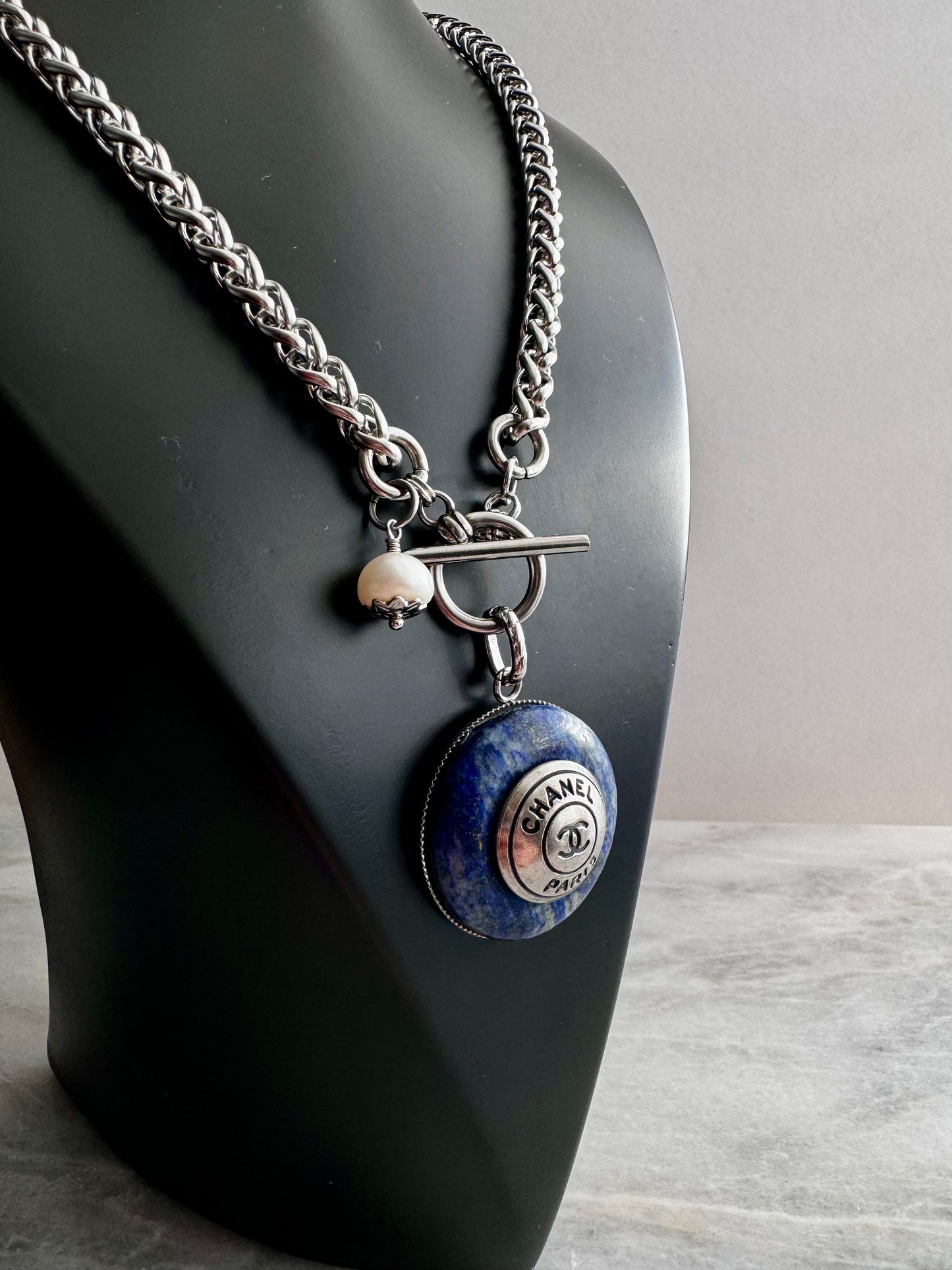 Blue stone One of a kind Authentic Reworked button necklace