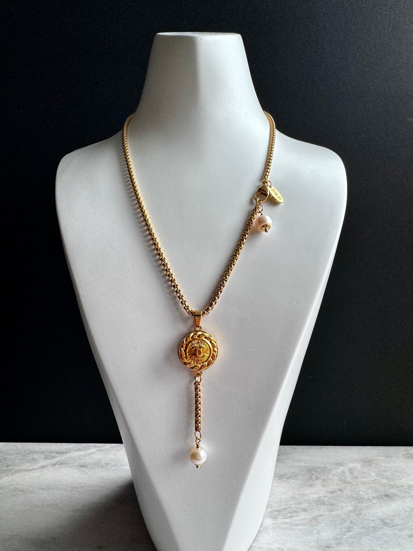 Vintage Authentic reworked Gold button Necklace Y lariat