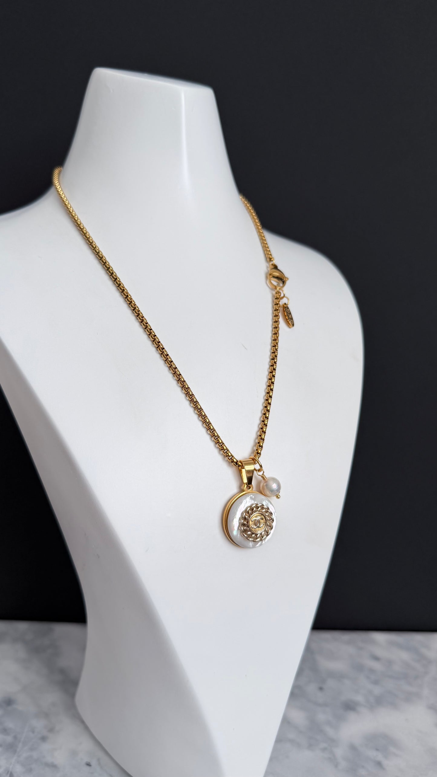 SUPER RARE MOTHER OF PEARL and Vintage Authentic reworked Gold button Necklace