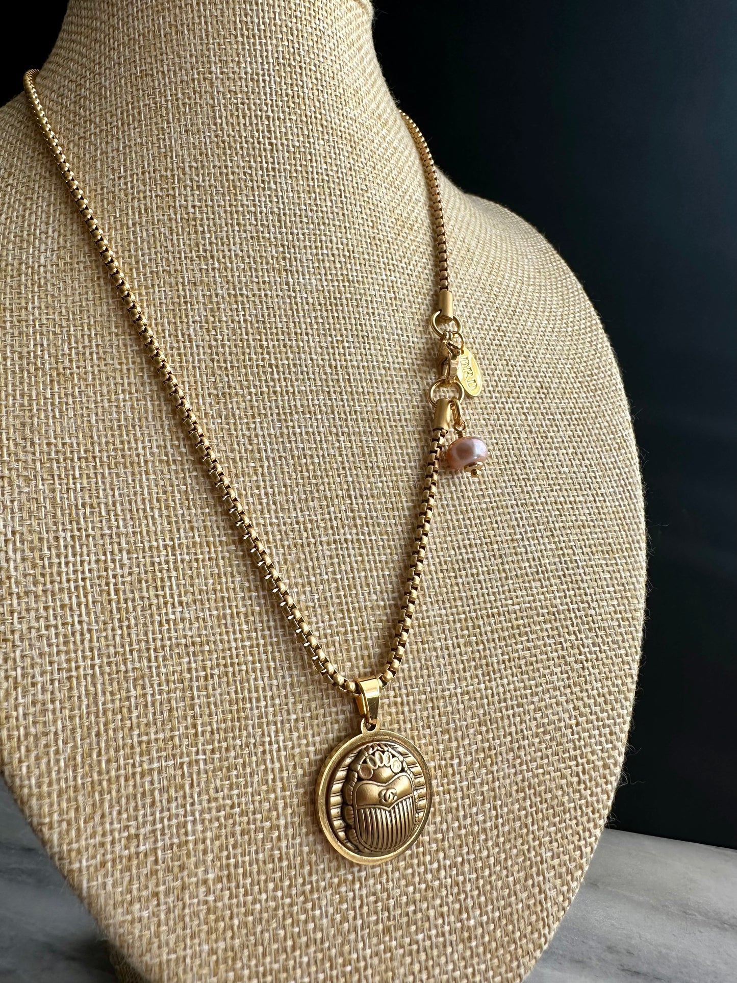 Vintage Authentic reworked Gold scarab beetle button Necklace