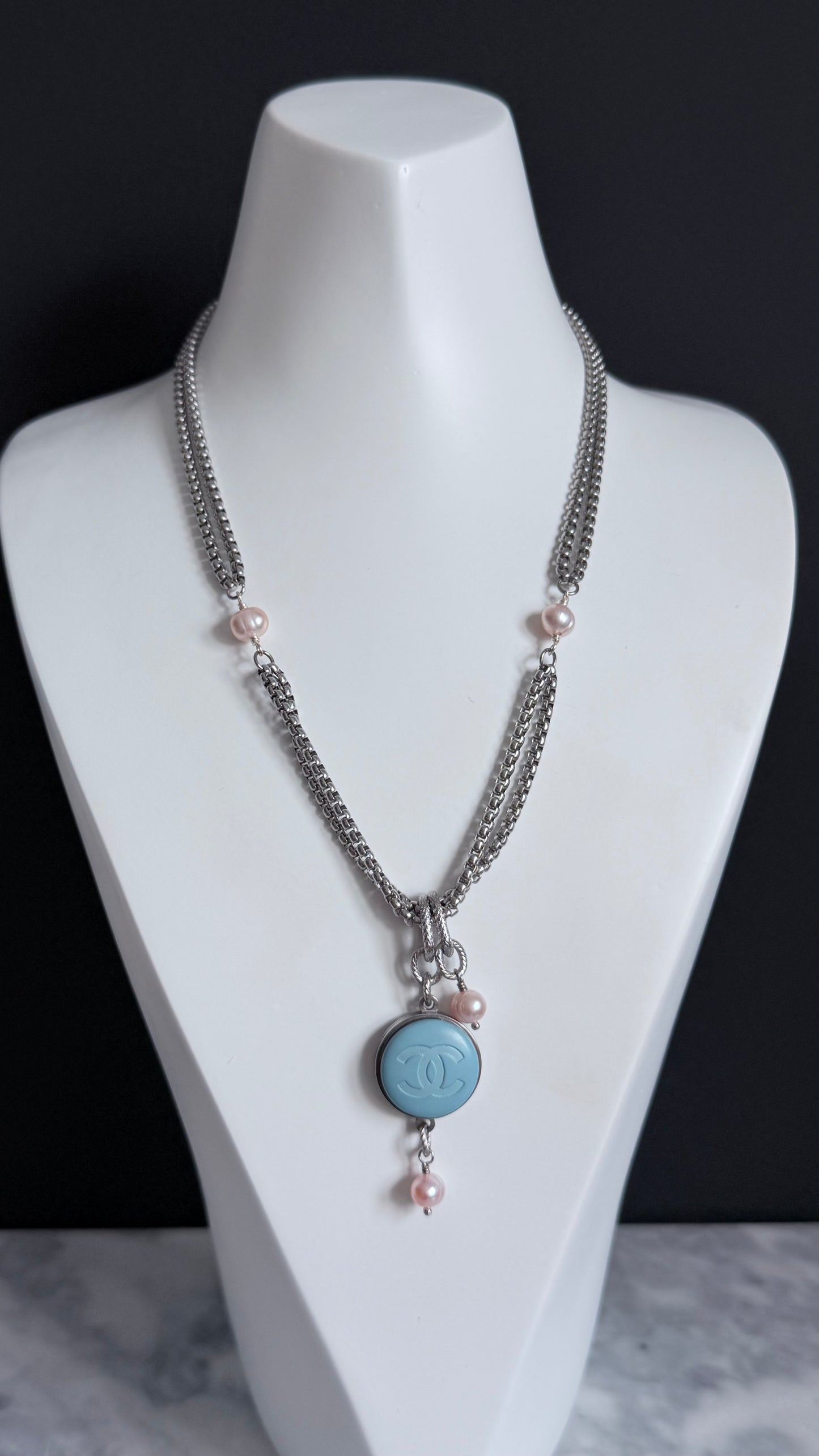 ✨ DOUBLE CHAIN - Authentic Reworked silver Button Necklace