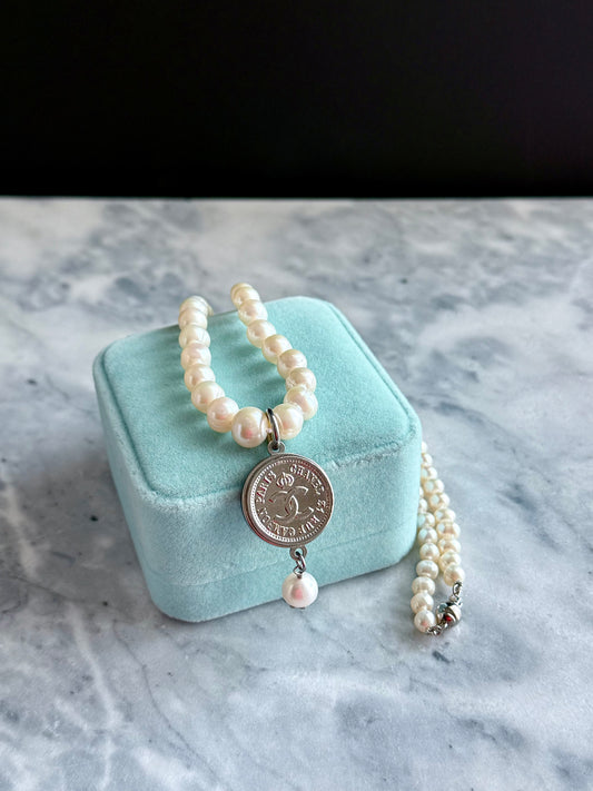 🤍 ONE OF A KIND - Authentic silver Button genuine pearl Necklace