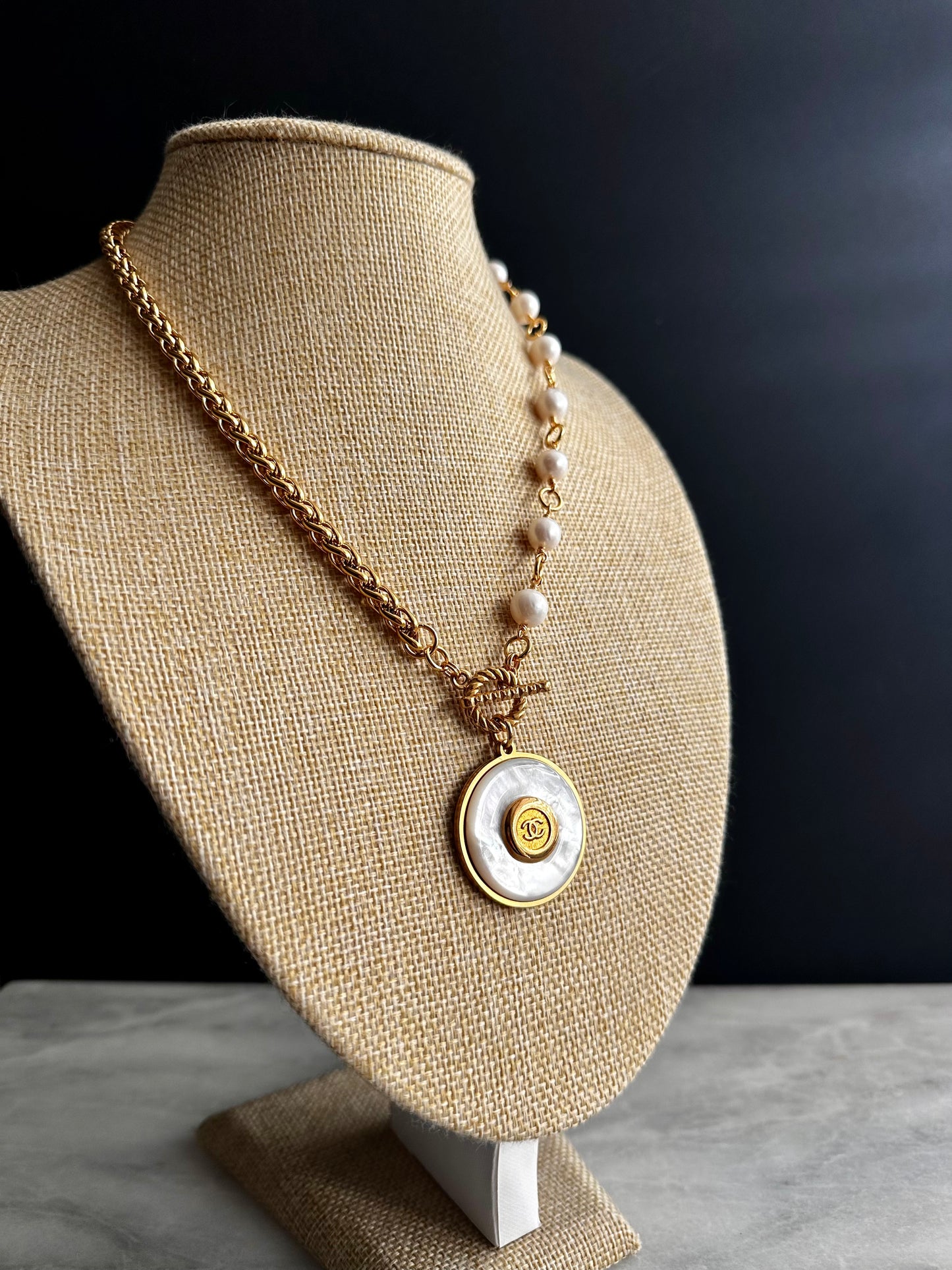 SUPER RARE Large MOTHER OF PEARL and Vintage Authentic reworked Gold button Necklace