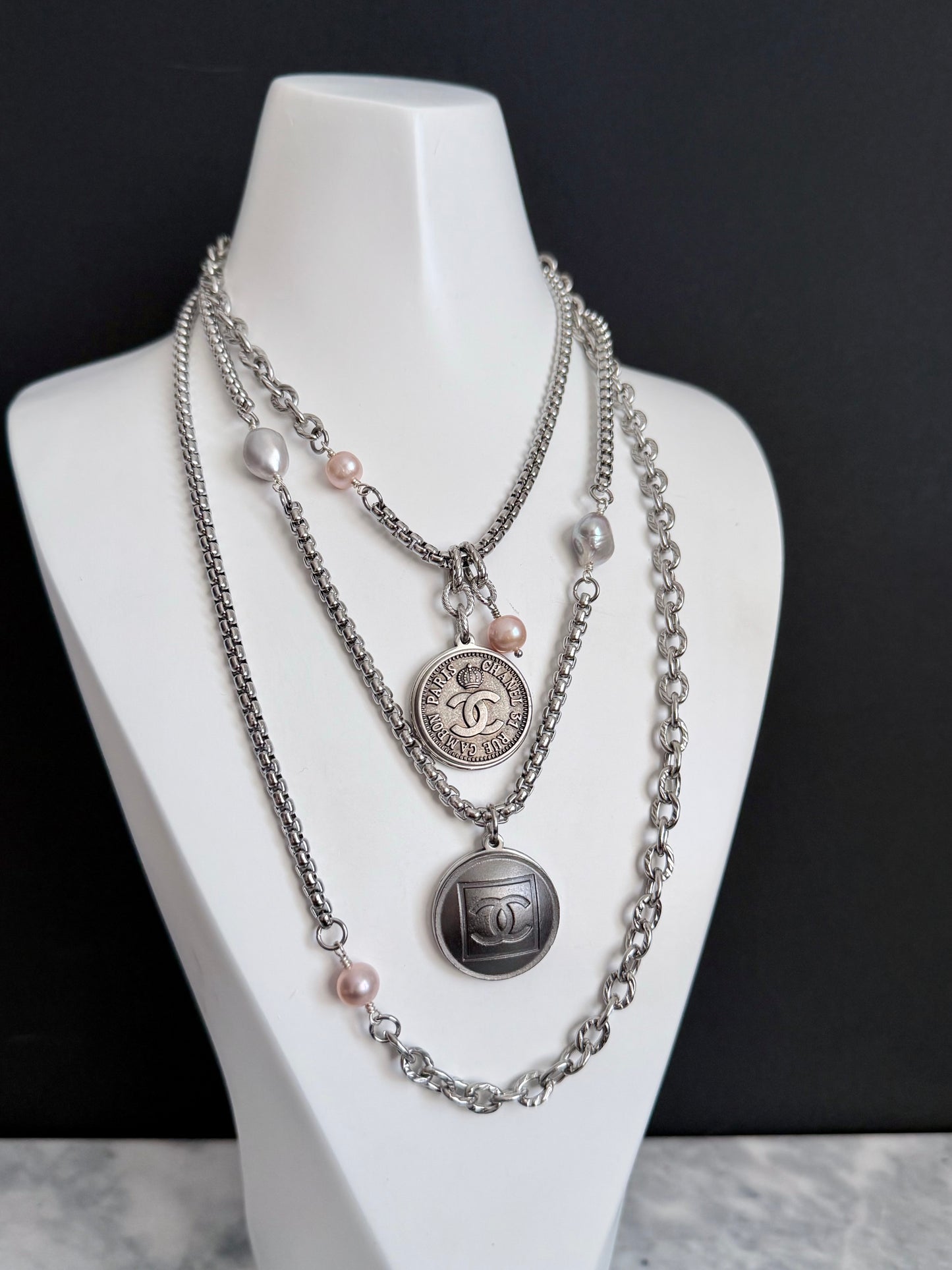 🖤 ONE OF A KIND - Authentic Reworked silver Button Double wrap Necklace