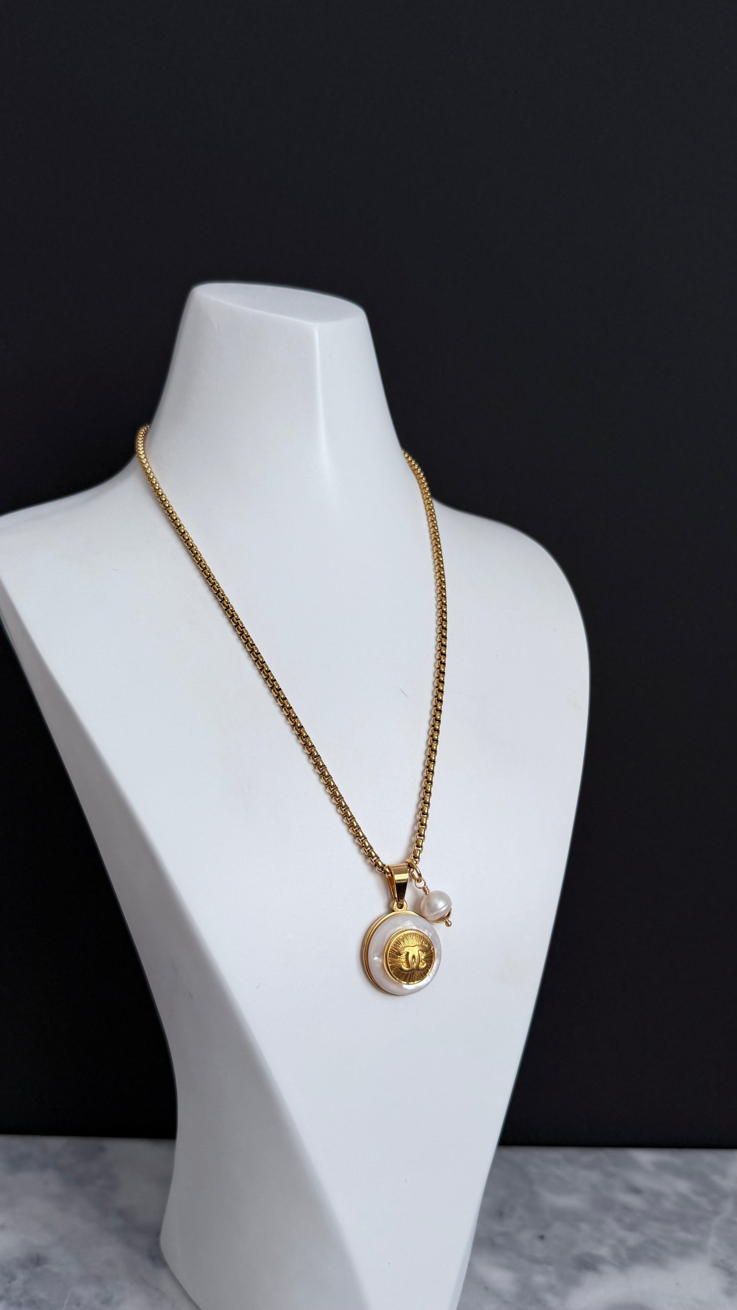 SUPER RARE MOTHER OF PEARL and Vintage Authentic reworked Gold button Necklace