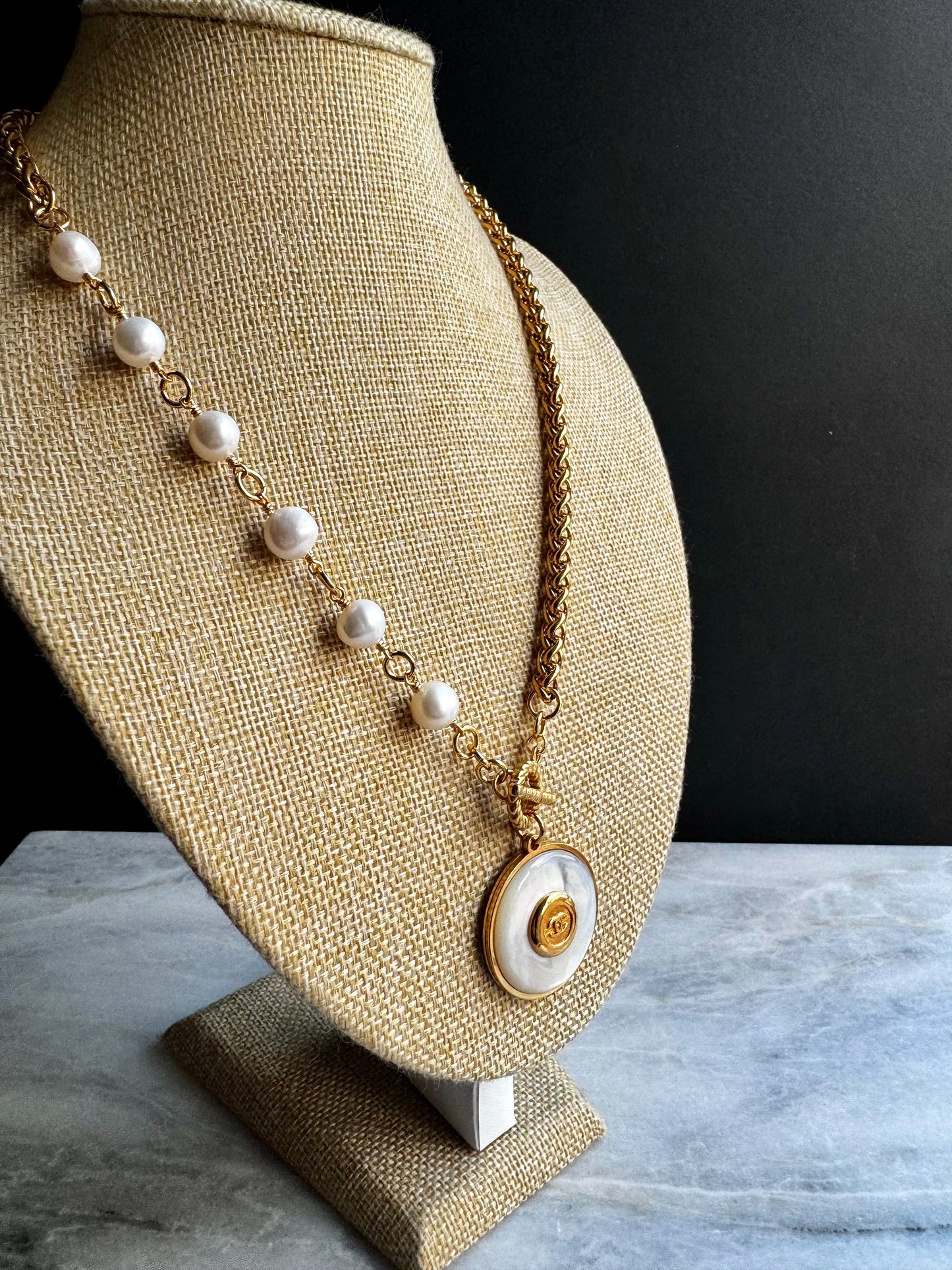 SUPER RARE Large MOTHER OF PEARL and Vintage Authentic reworked Gold button Necklace