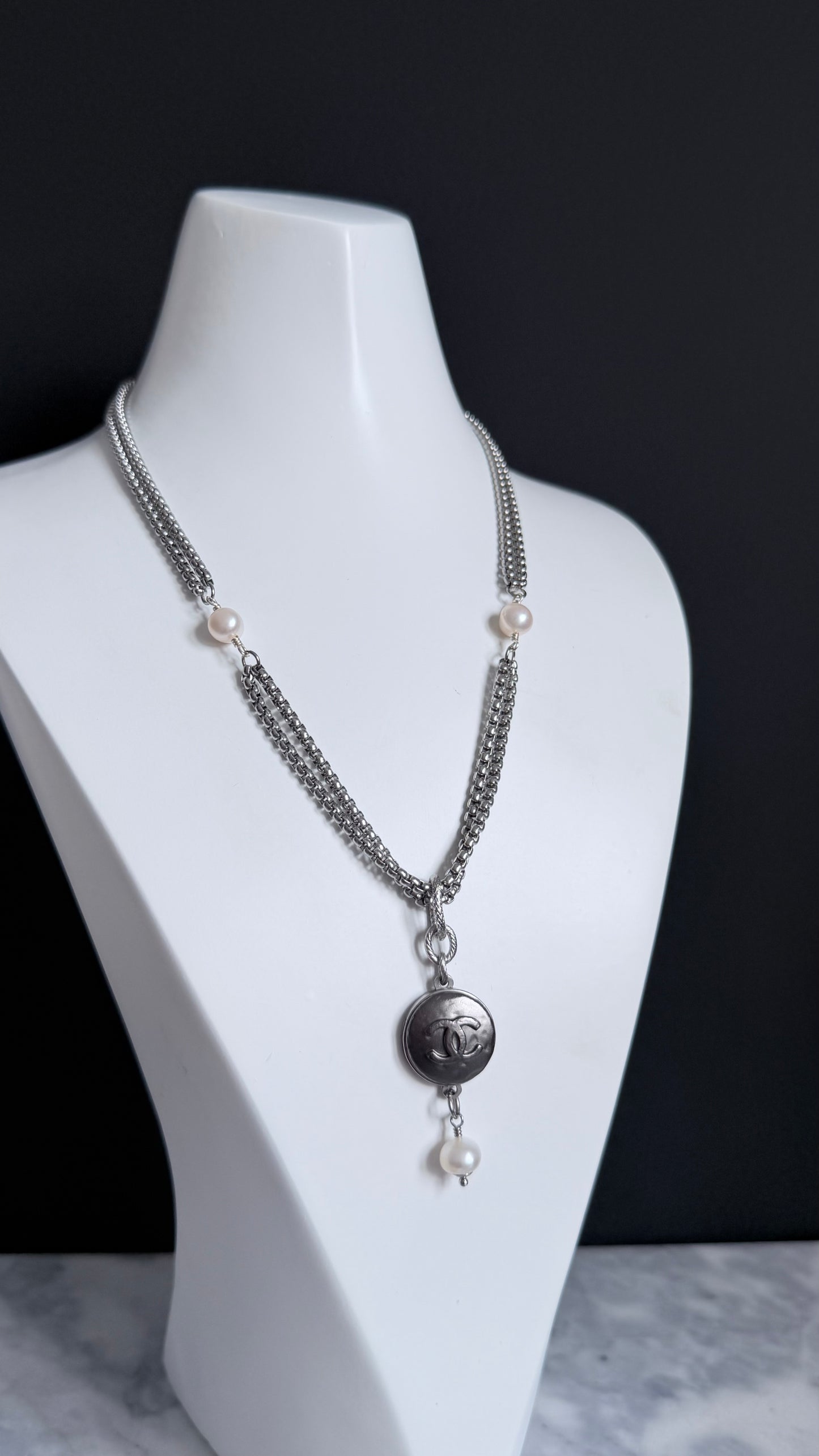 ✨ DOUBLE CHAIN - Authentic Reworked silver Button Necklace