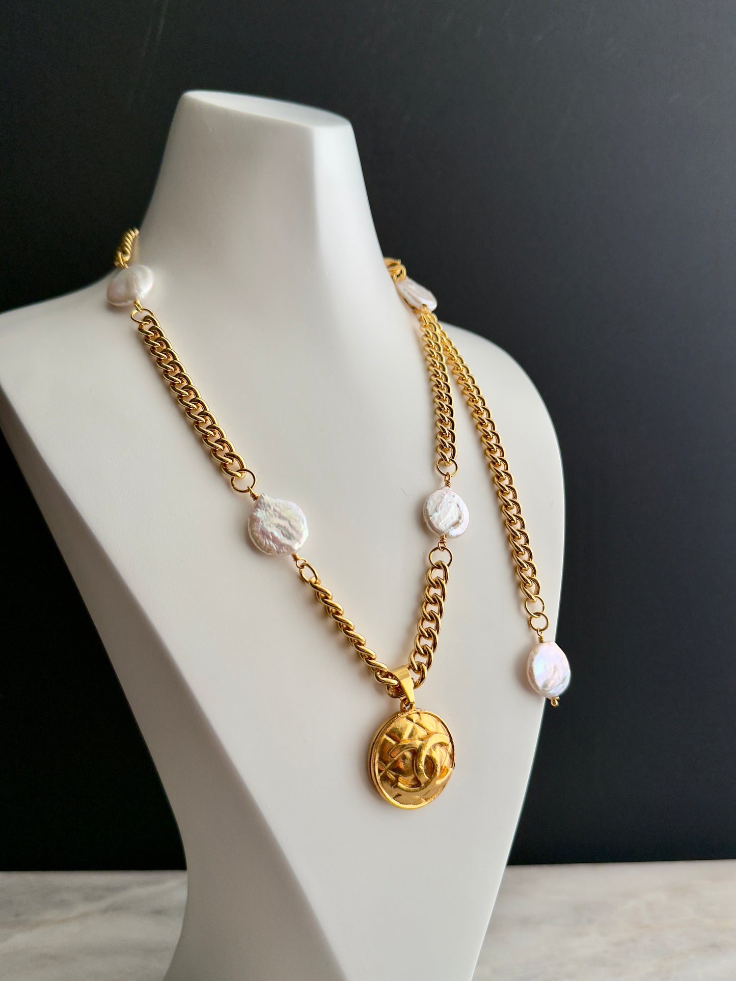 Extremely rare Vintage Authentic reworked Gold button Necklace with coin pearls