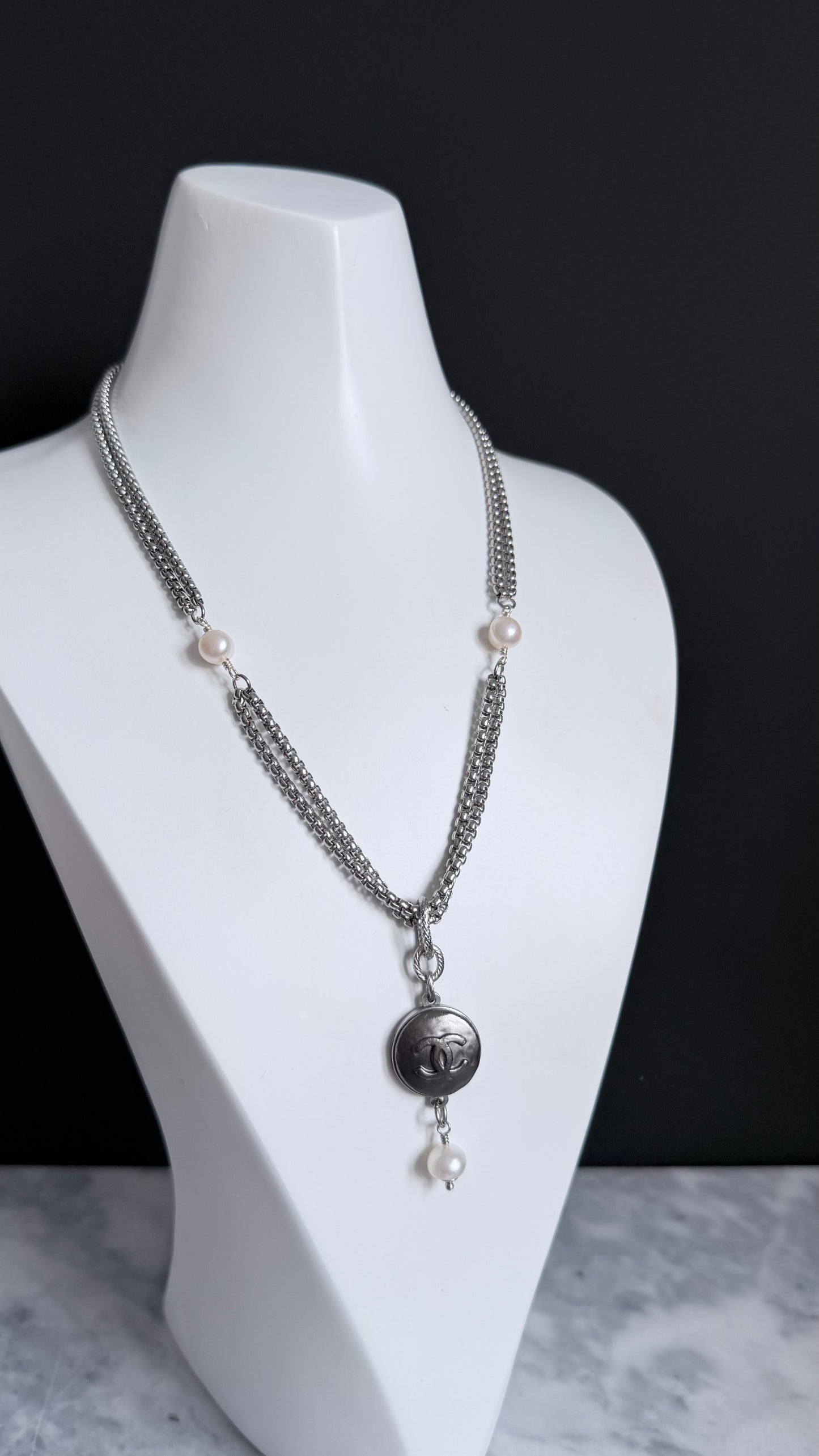 ✨ DOUBLE CHAIN - Authentic Reworked silver Button Necklace