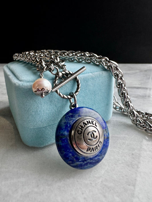 Blue stone One of a kind Authentic Reworked button necklace