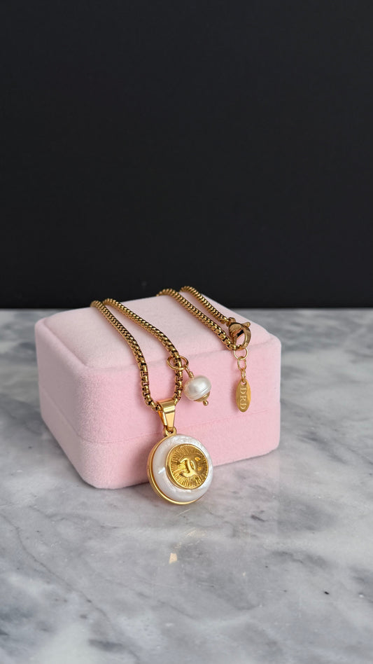 SUPER RARE MOTHER OF PEARL and Vintage Authentic reworked Gold button Necklace