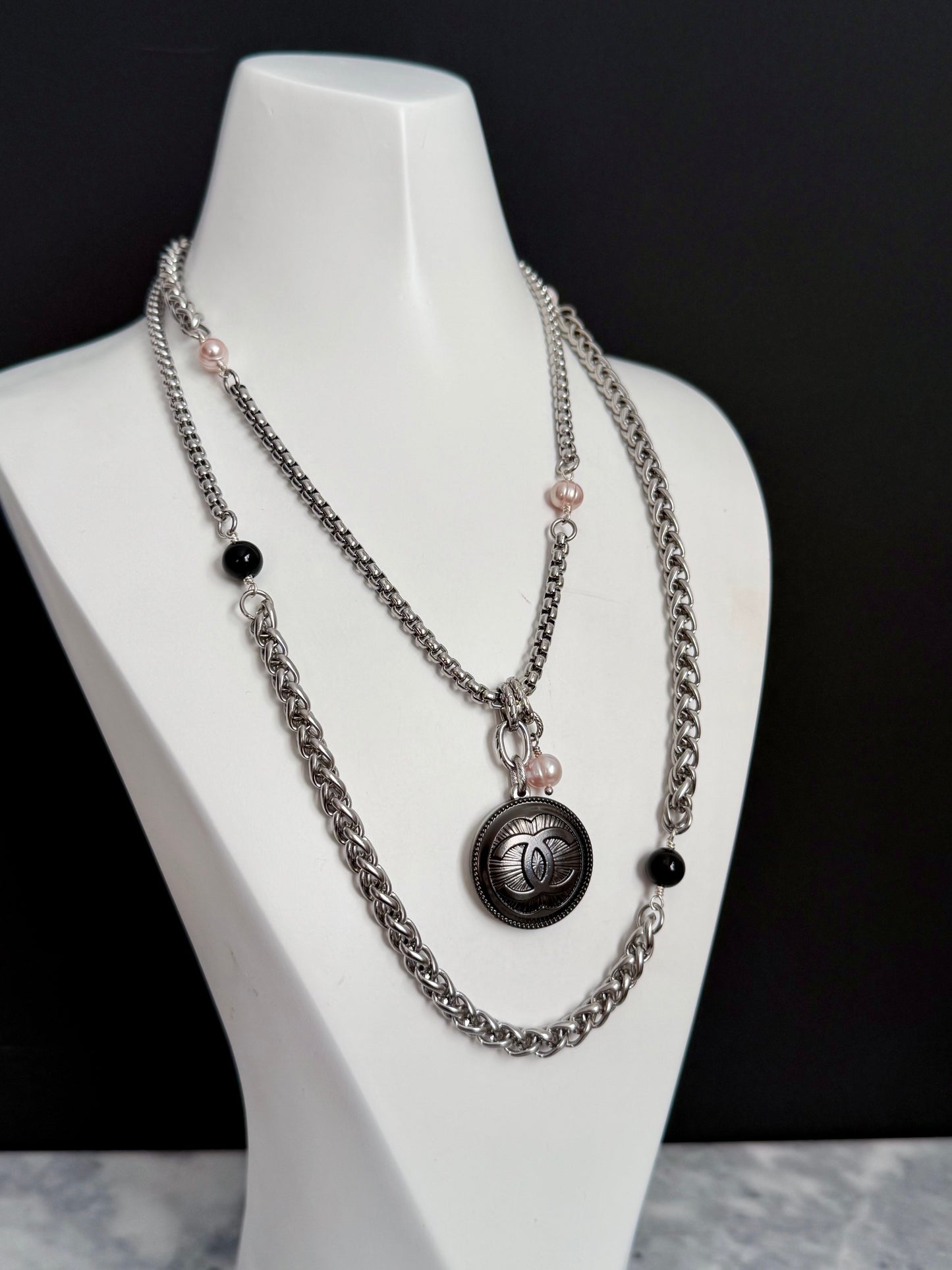🖤 ONE OF A KIND - Authentic Reworked silver Button Double wrap Necklace