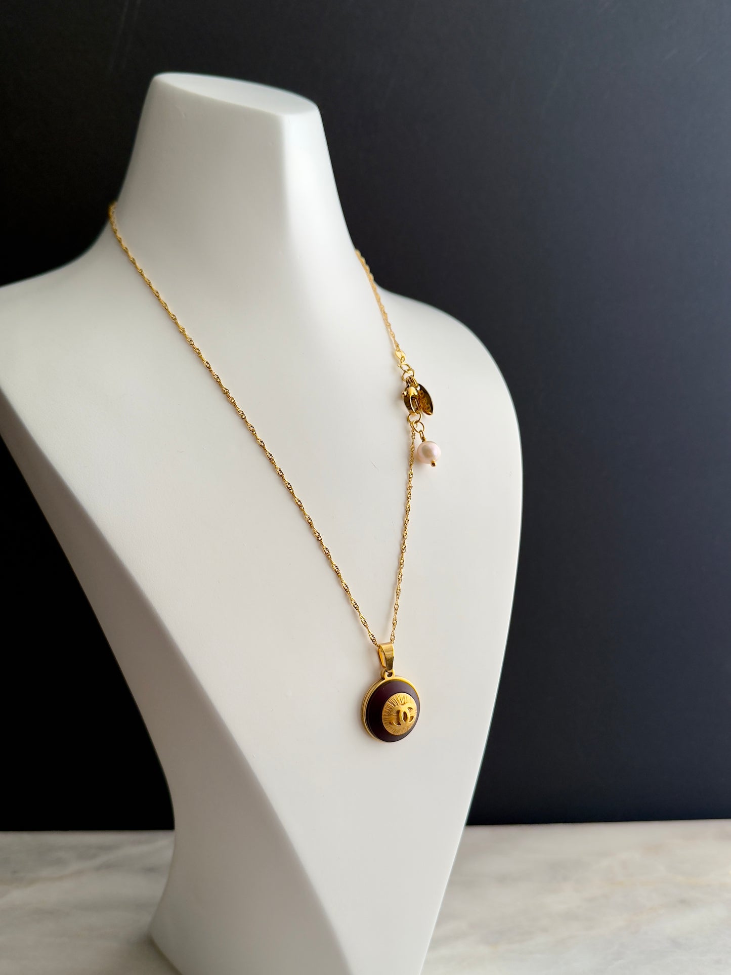 Delicate dark brown Vintage Authentic reworked Gold button Necklace