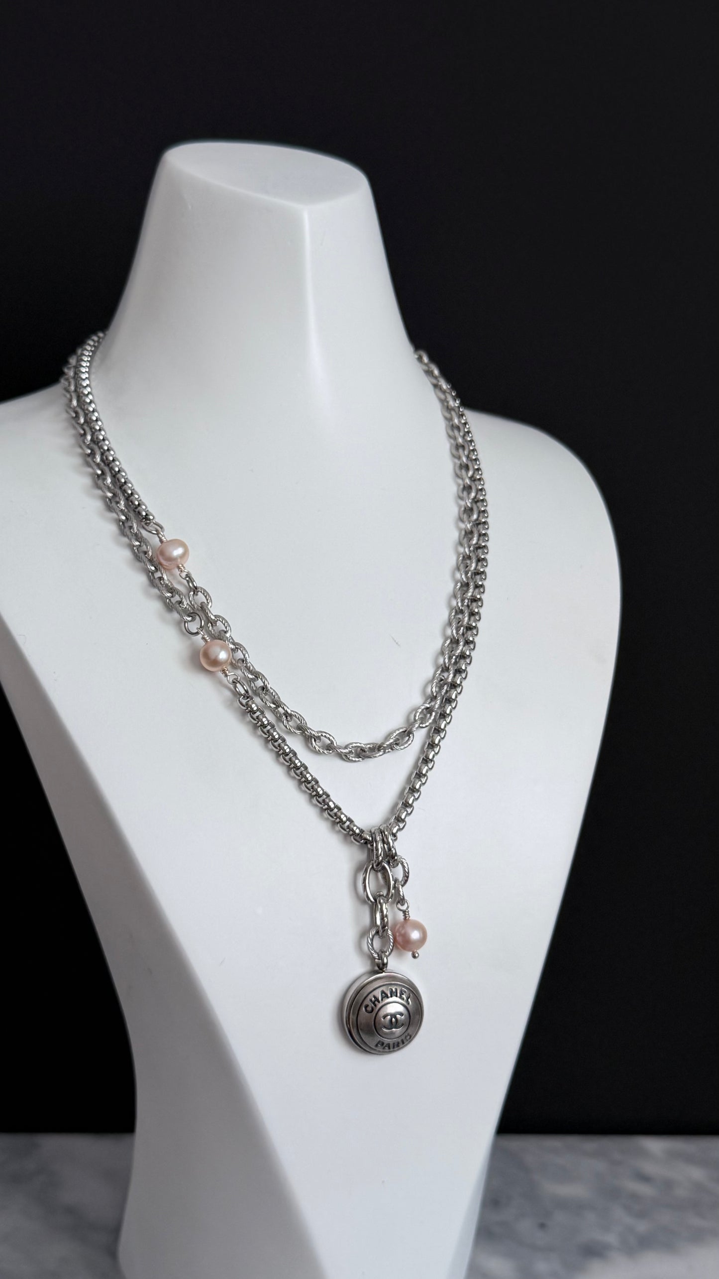 🖤 ONE OF A KIND - Authentic Reworked silver Button Double wrap Necklace