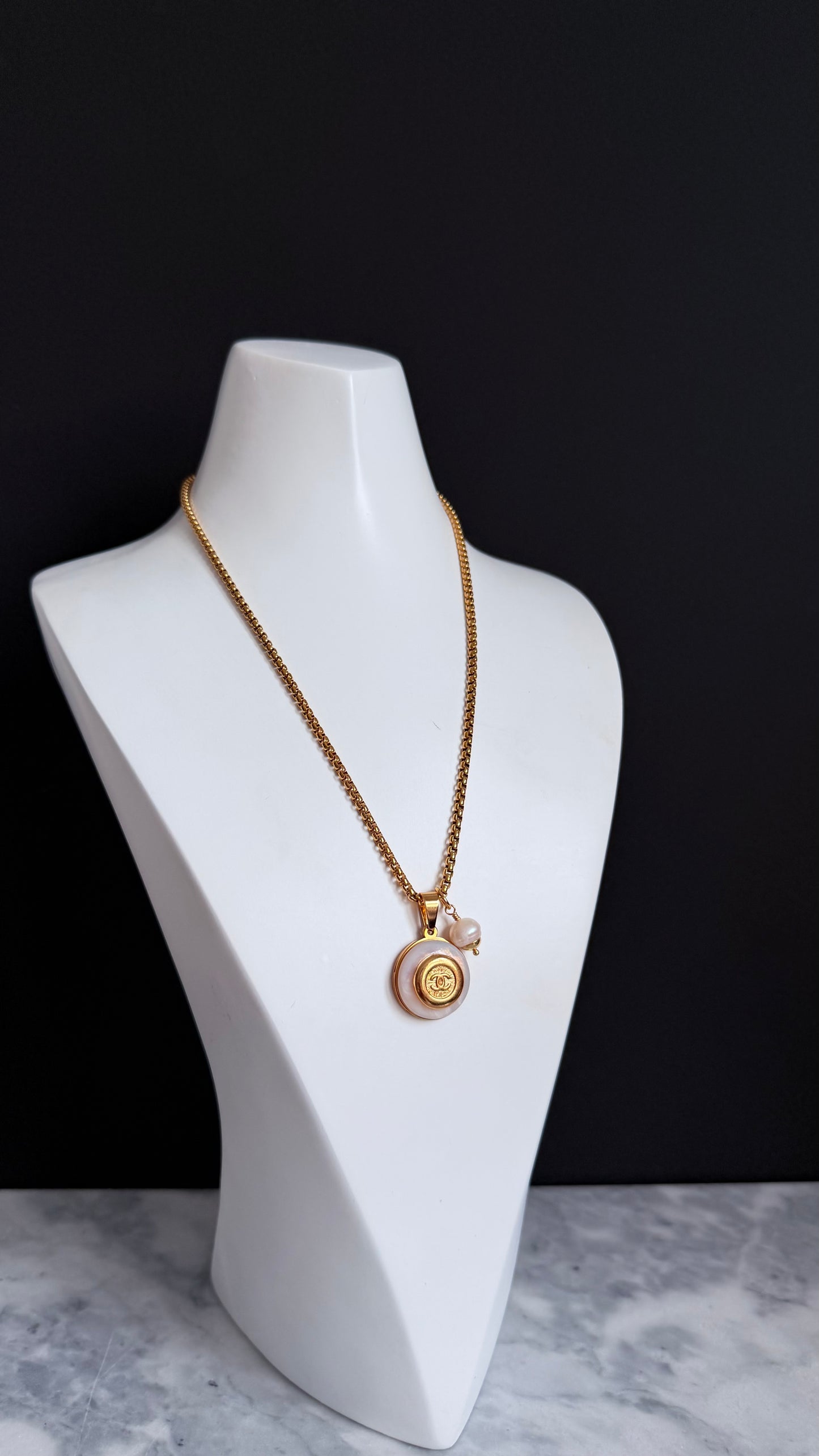 SUPER RARE MOTHER OF PEARL and Vintage Authentic reworked Gold button Necklace