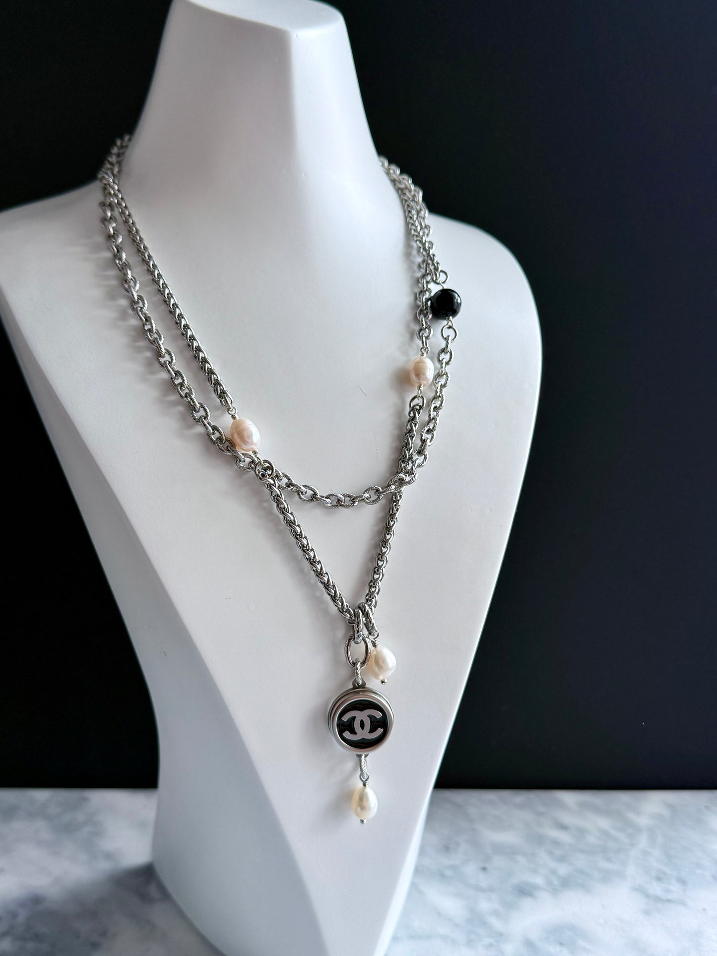 🖤 ONE OF A KIND - Authentic Reworked silver Button Double wrap Necklace
