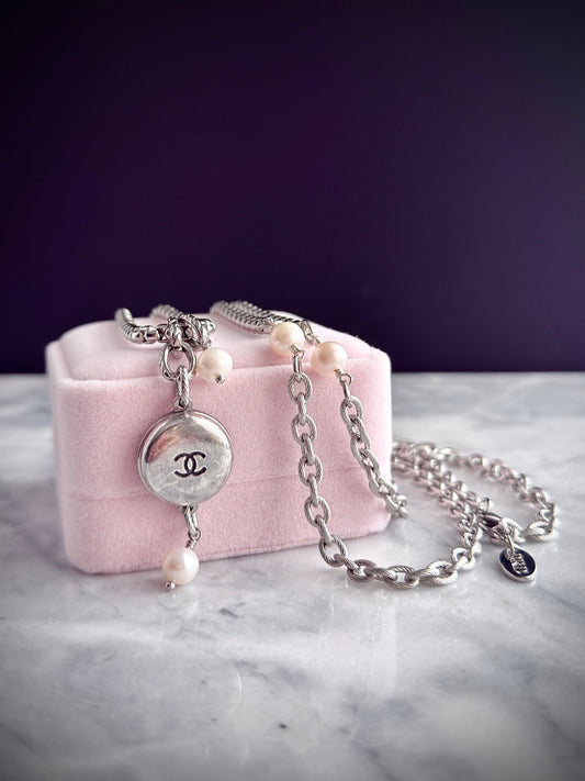 🤍 ONE OF A KIND - Authentic Reworked silver Button Double wrap Necklace