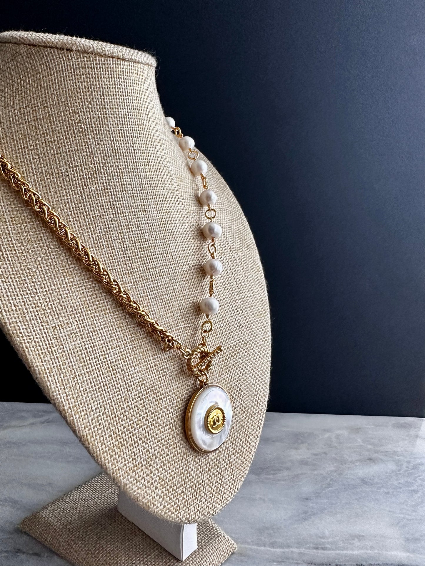 SUPER RARE Large MOTHER OF PEARL and Vintage Authentic reworked Gold button Necklace