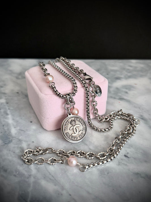 🖤 ONE OF A KIND - Authentic Reworked silver Button Double wrap Necklace