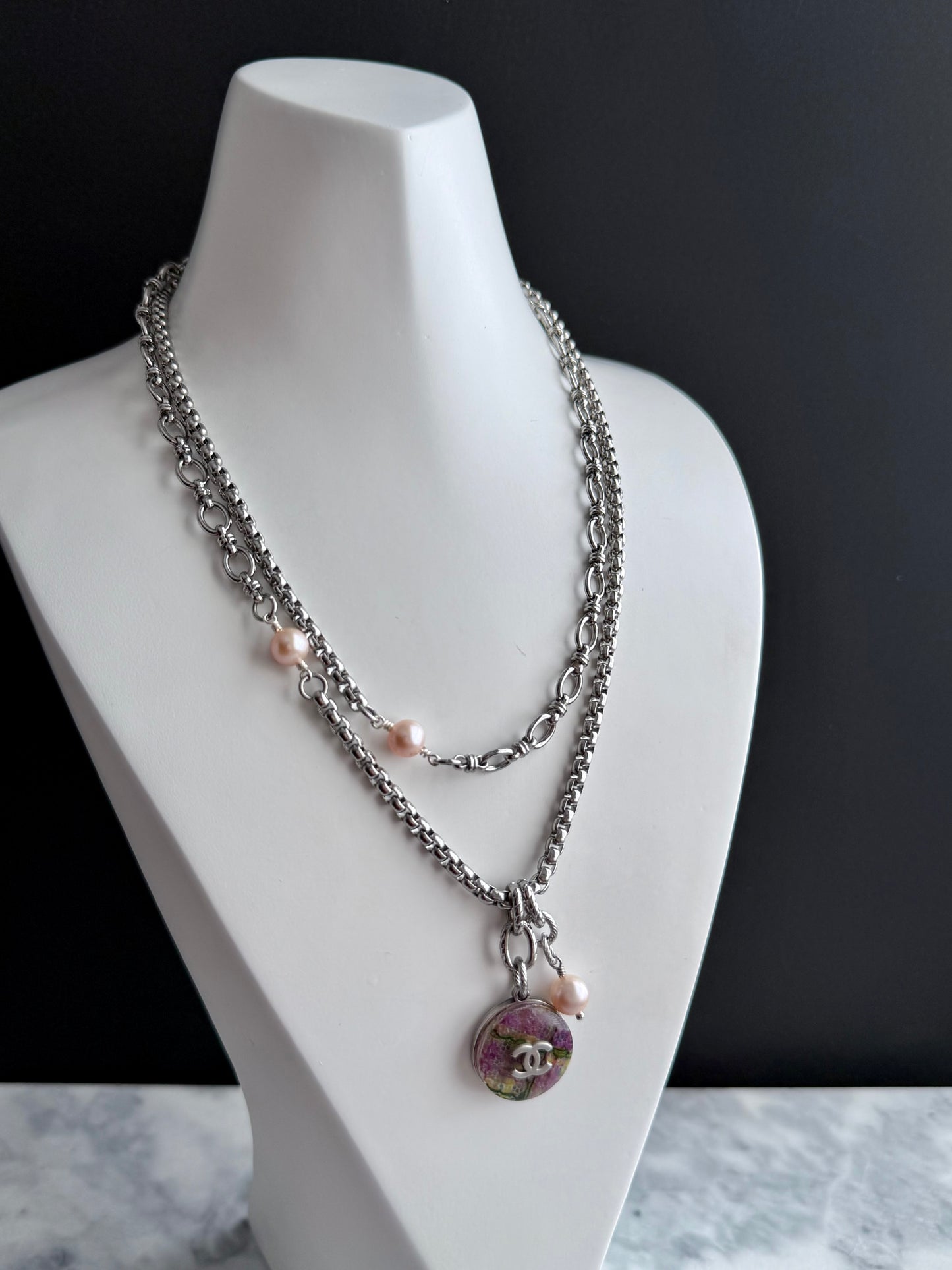🌸 ONE OF A KIND - Authentic Reworked silver Button Double wrap Necklace