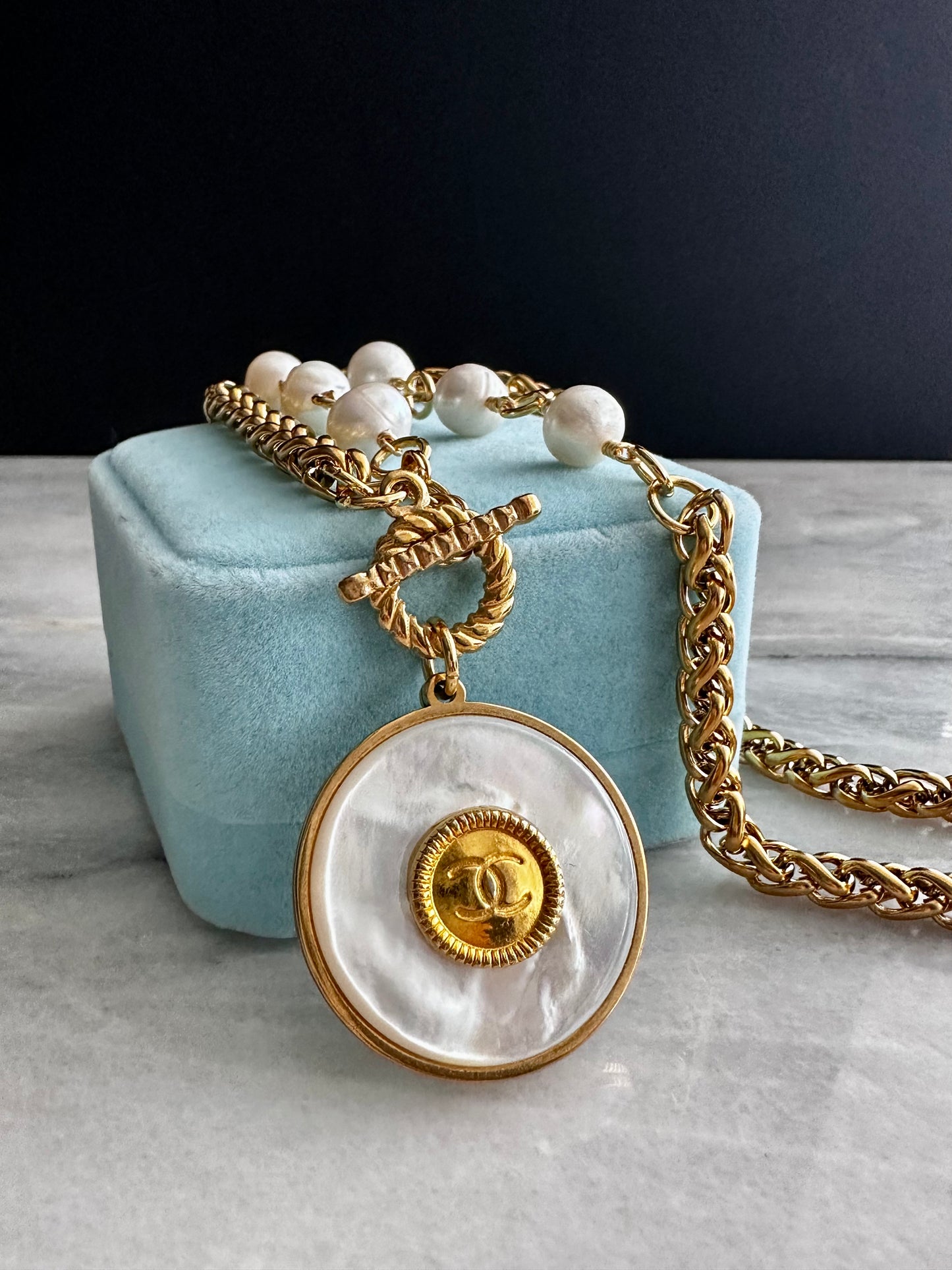 SUPER RARE Large MOTHER OF PEARL and Vintage Authentic reworked Gold button Necklace