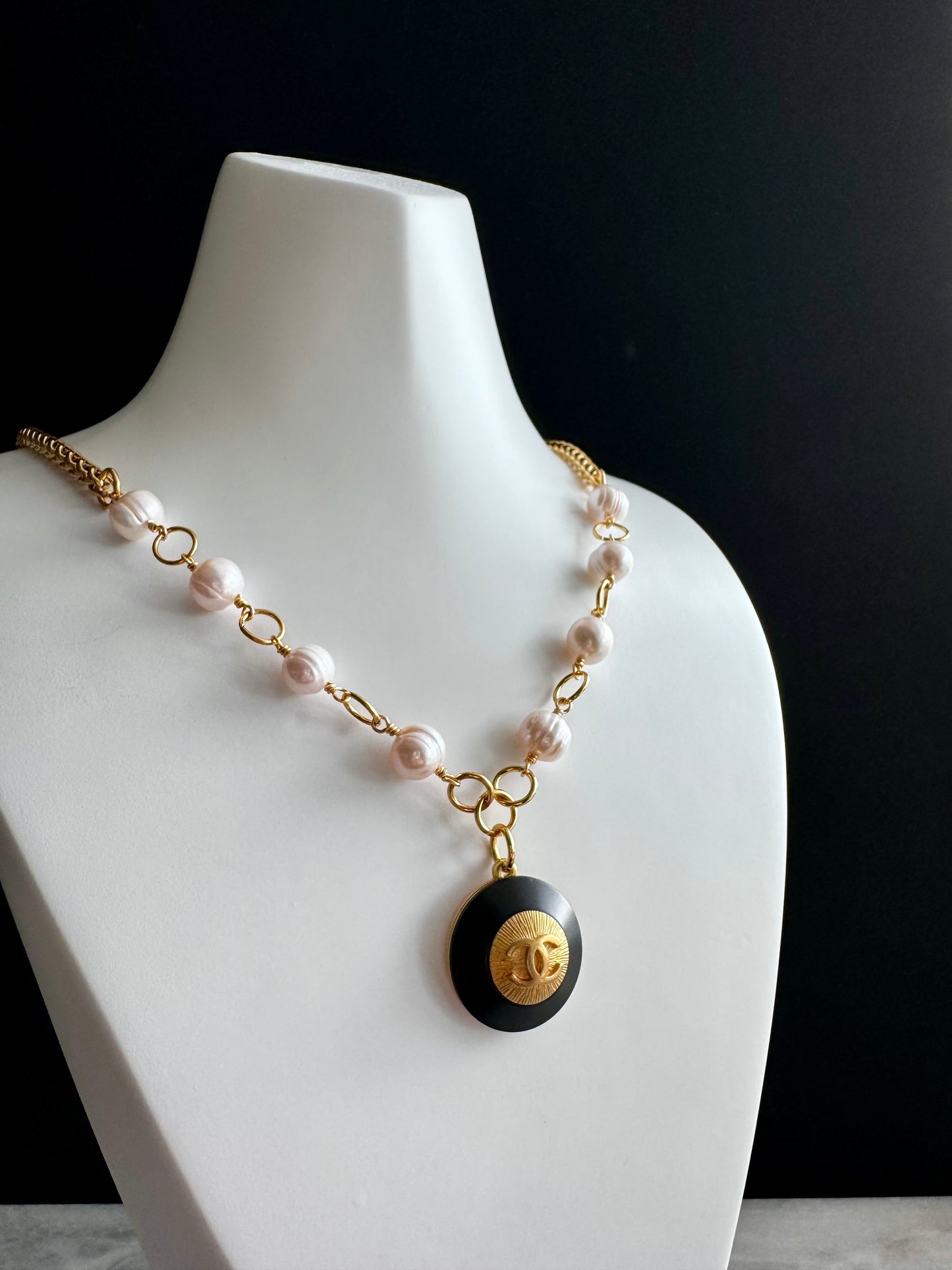 Huge One of a kind white pearls and Authentic Reworked button necklace