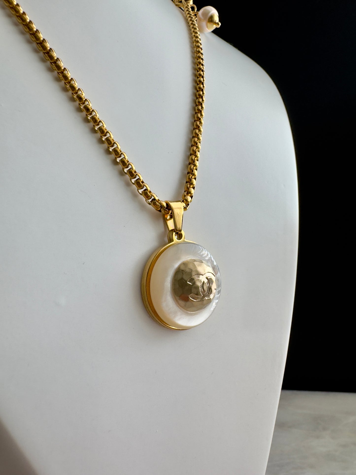 SUPER RARE MOTHER OF PEARL and Authentic reworked Gold button Necklace