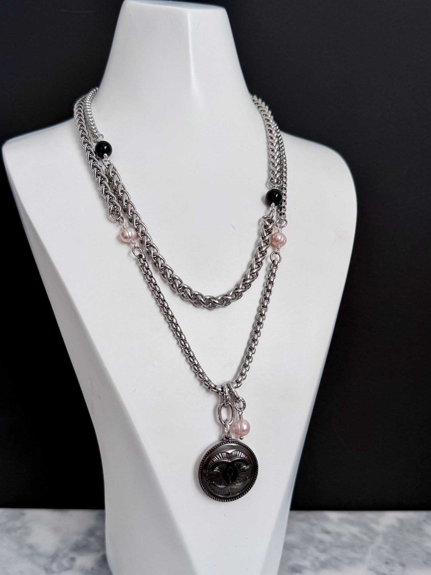 🖤 ONE OF A KIND - Authentic Reworked silver Button Double wrap Necklace