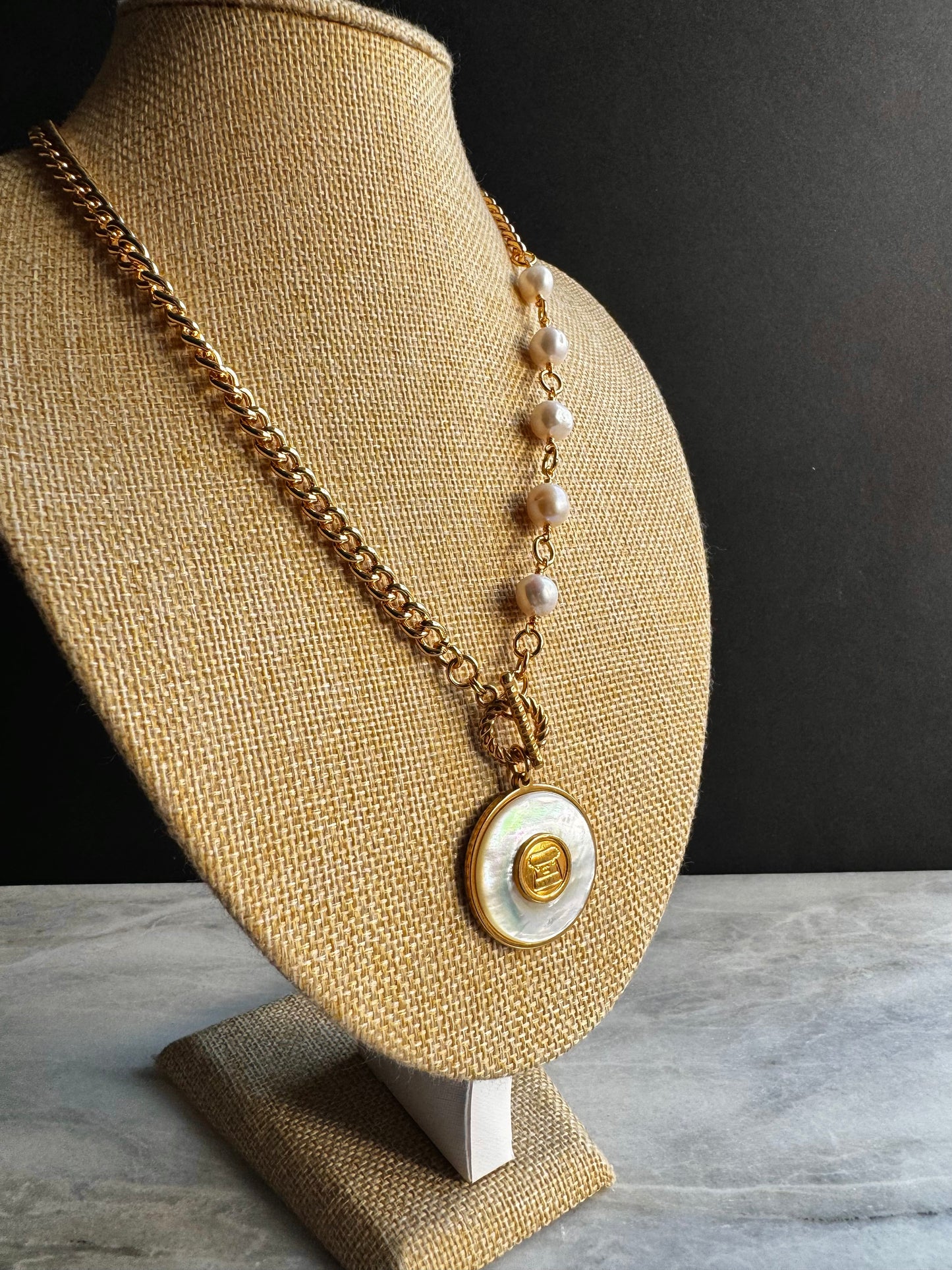 SUPER RARE Large MOTHER OF PEARL and Vintage Authentic reworked Gold button Necklace