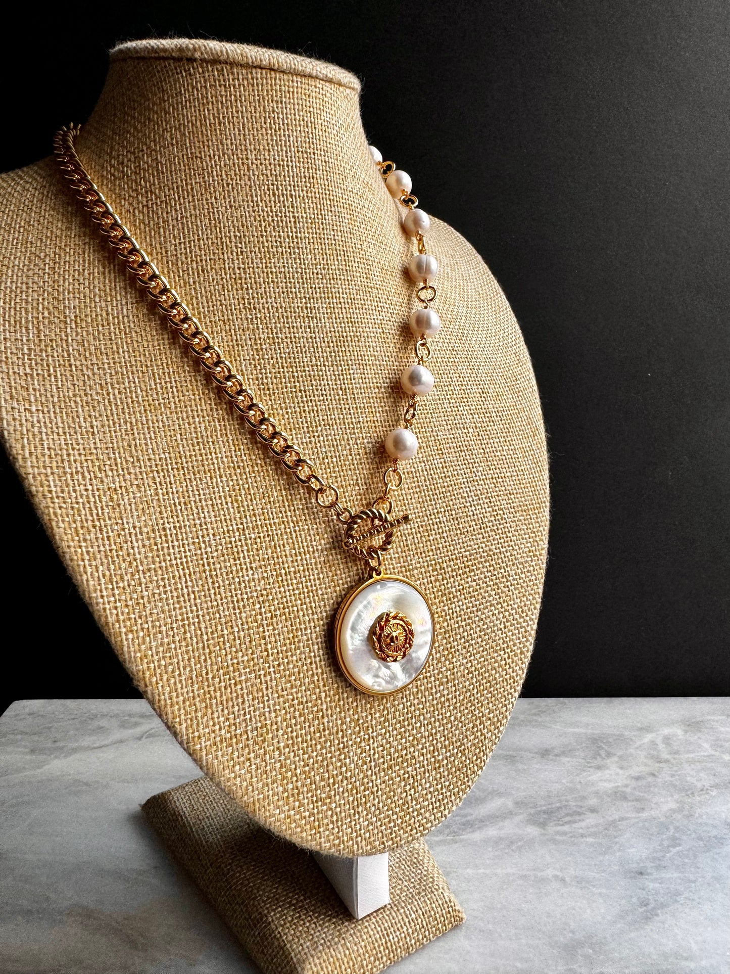 SUPER RARE Large MOTHER OF PEARL and Vintage Authentic reworked Gold button Necklace