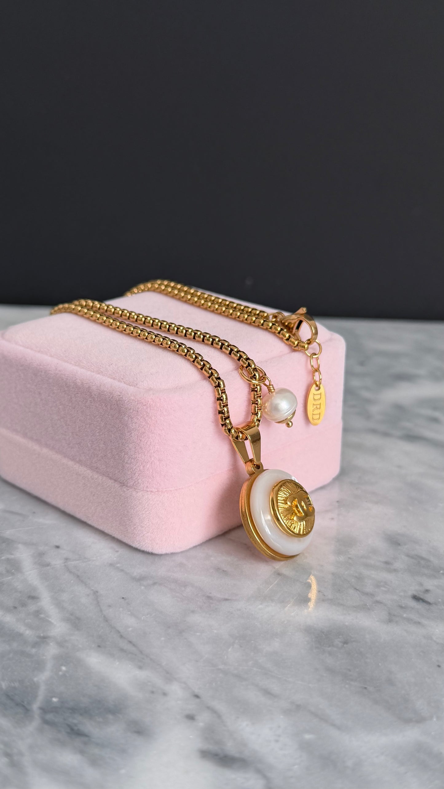 SUPER RARE MOTHER OF PEARL and Vintage Authentic reworked Gold button Necklace