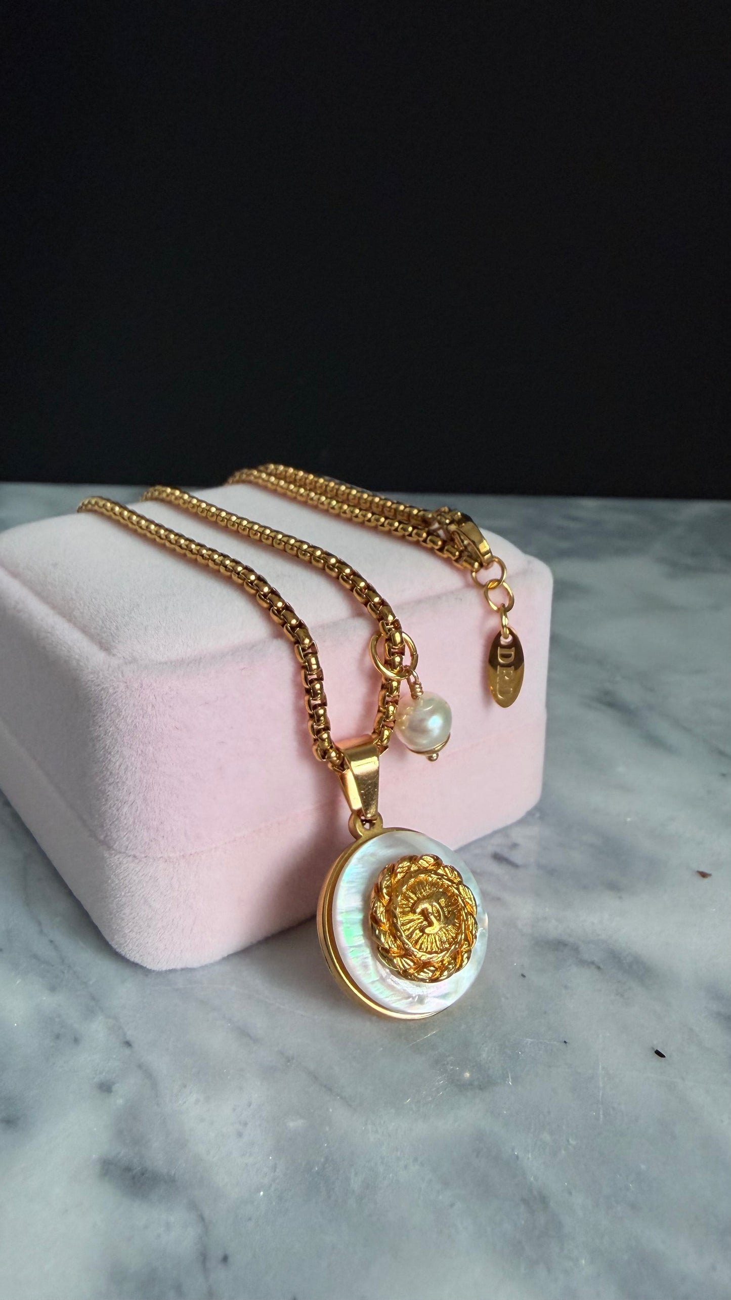 SUPER RARE MOTHER OF PEARL and Vintage Authentic reworked Gold button Necklace