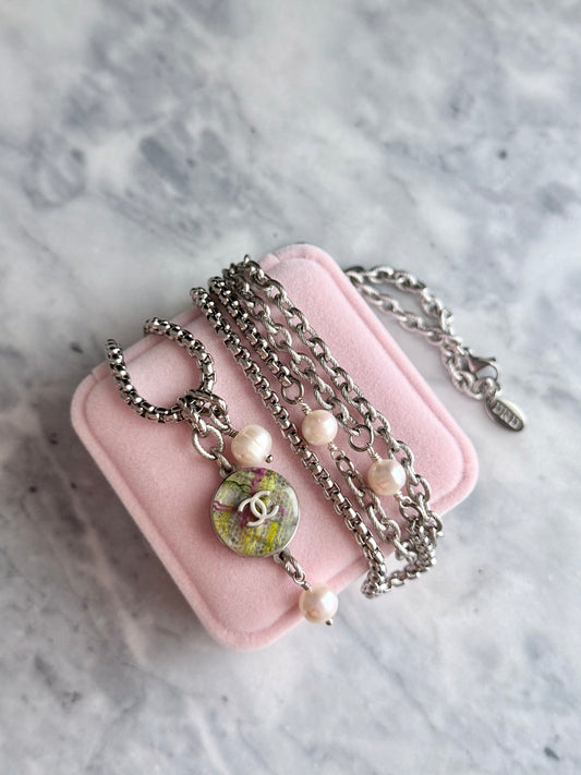💚 ONE OF A KIND - Authentic Reworked silver Button Double wrap Necklace