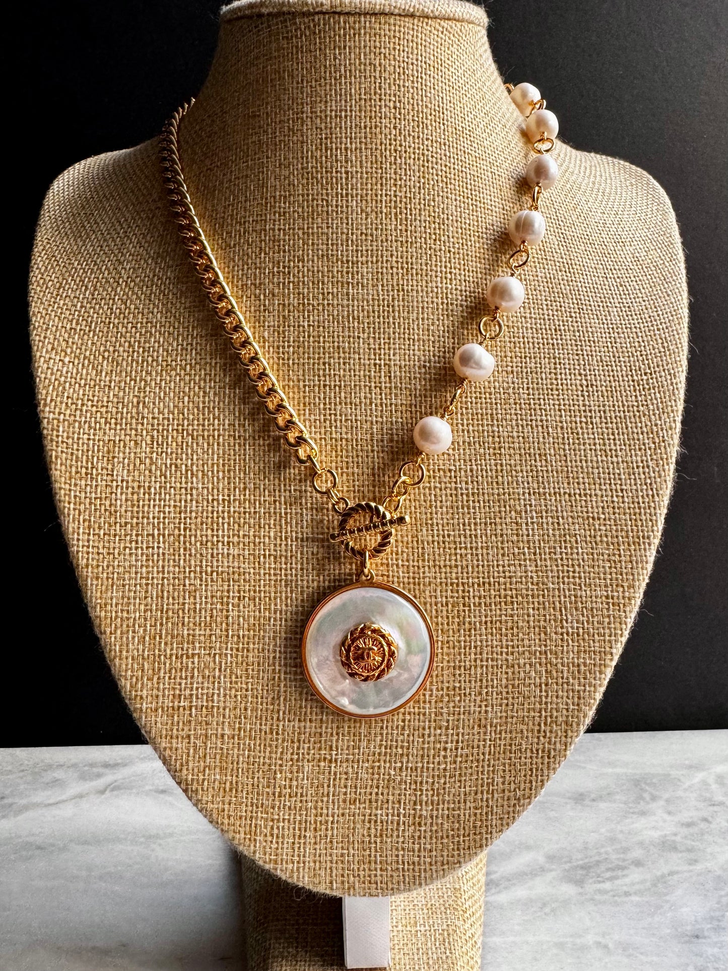 SUPER RARE Large MOTHER OF PEARL and Vintage Authentic reworked Gold button Necklace