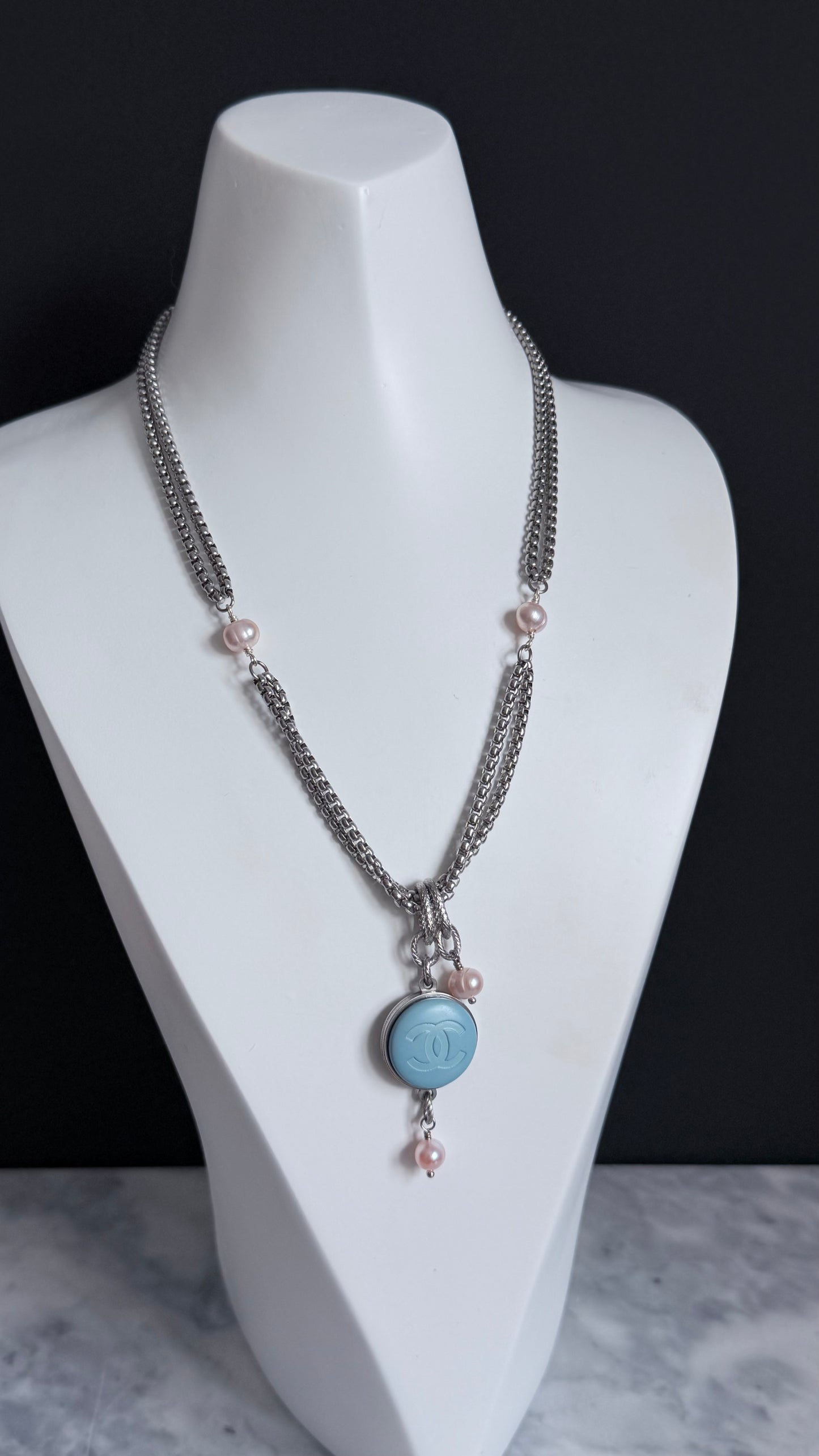 ✨ DOUBLE CHAIN - Authentic Reworked silver Button Necklace