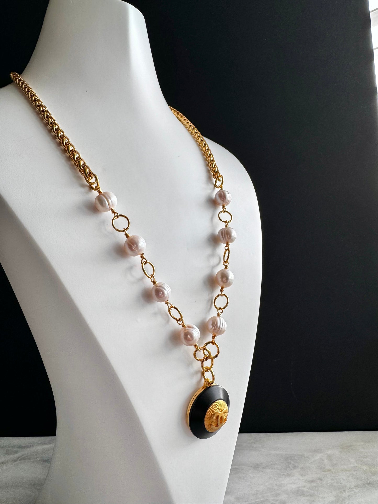 Huge One of a kind white pearls and Authentic Reworked button necklace