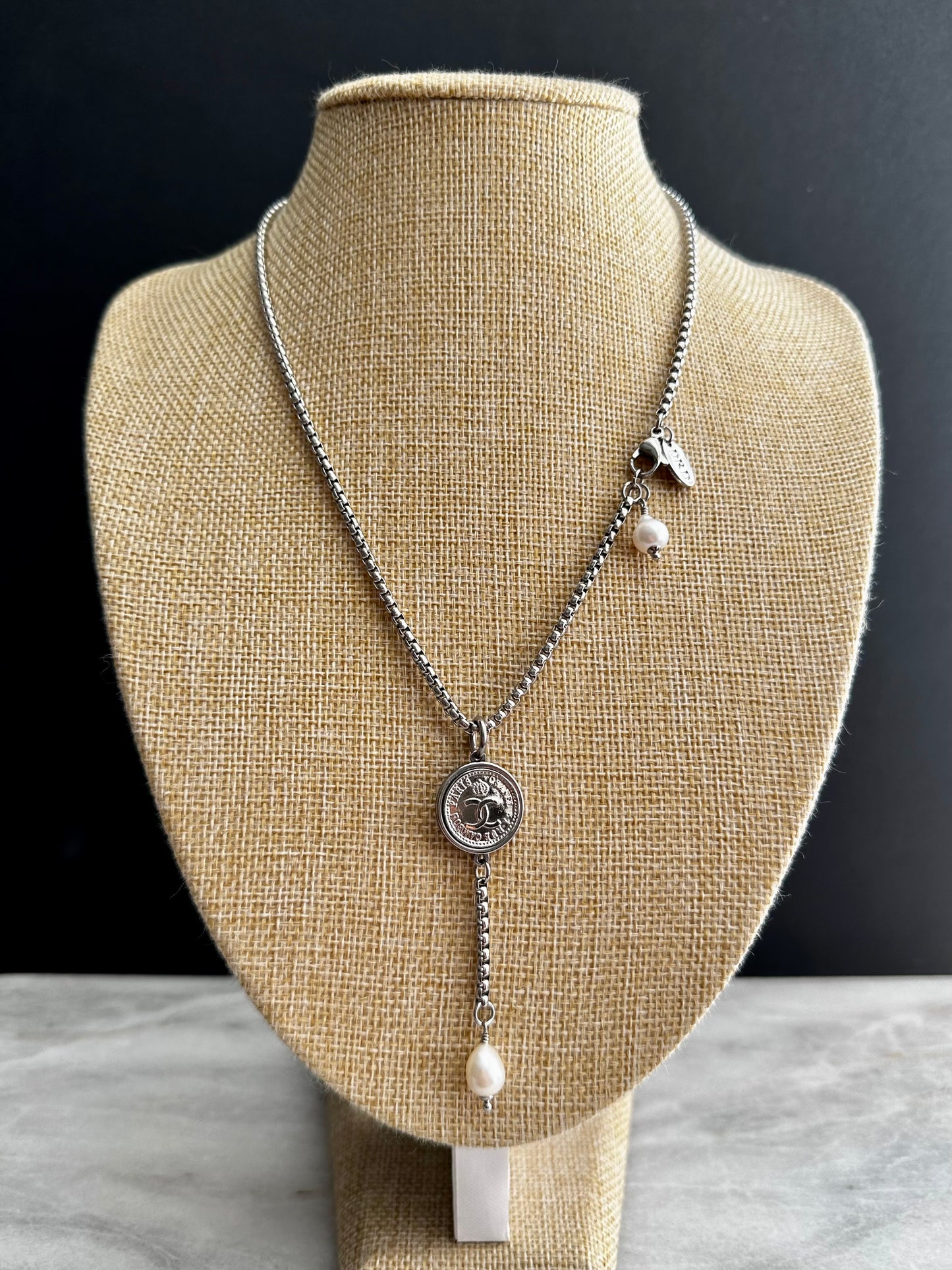 Delicate Authentic Reworked silver Button Necklace