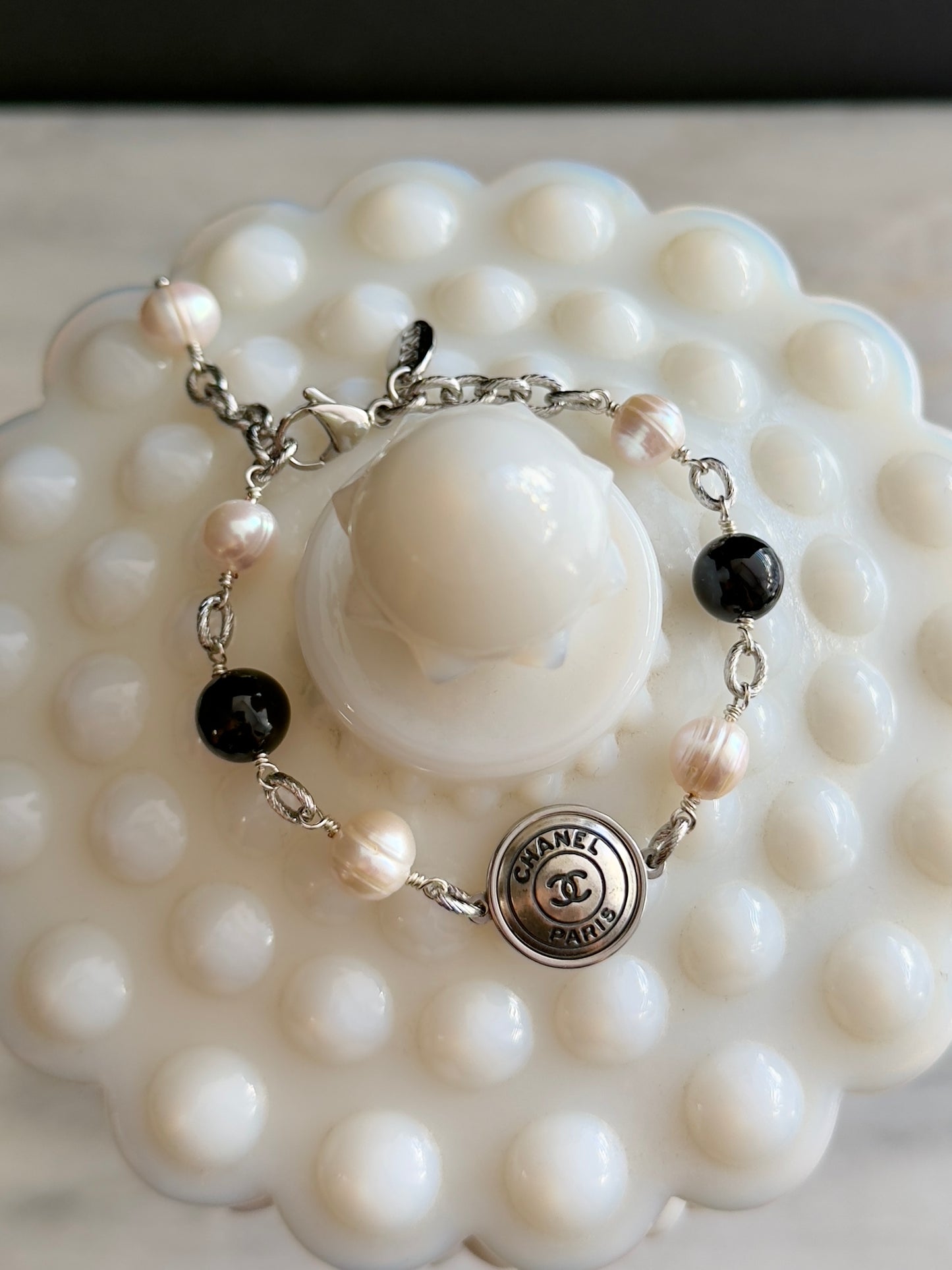 Silver small Authentic Reworked button bracelet with onyx and pearls 🖤