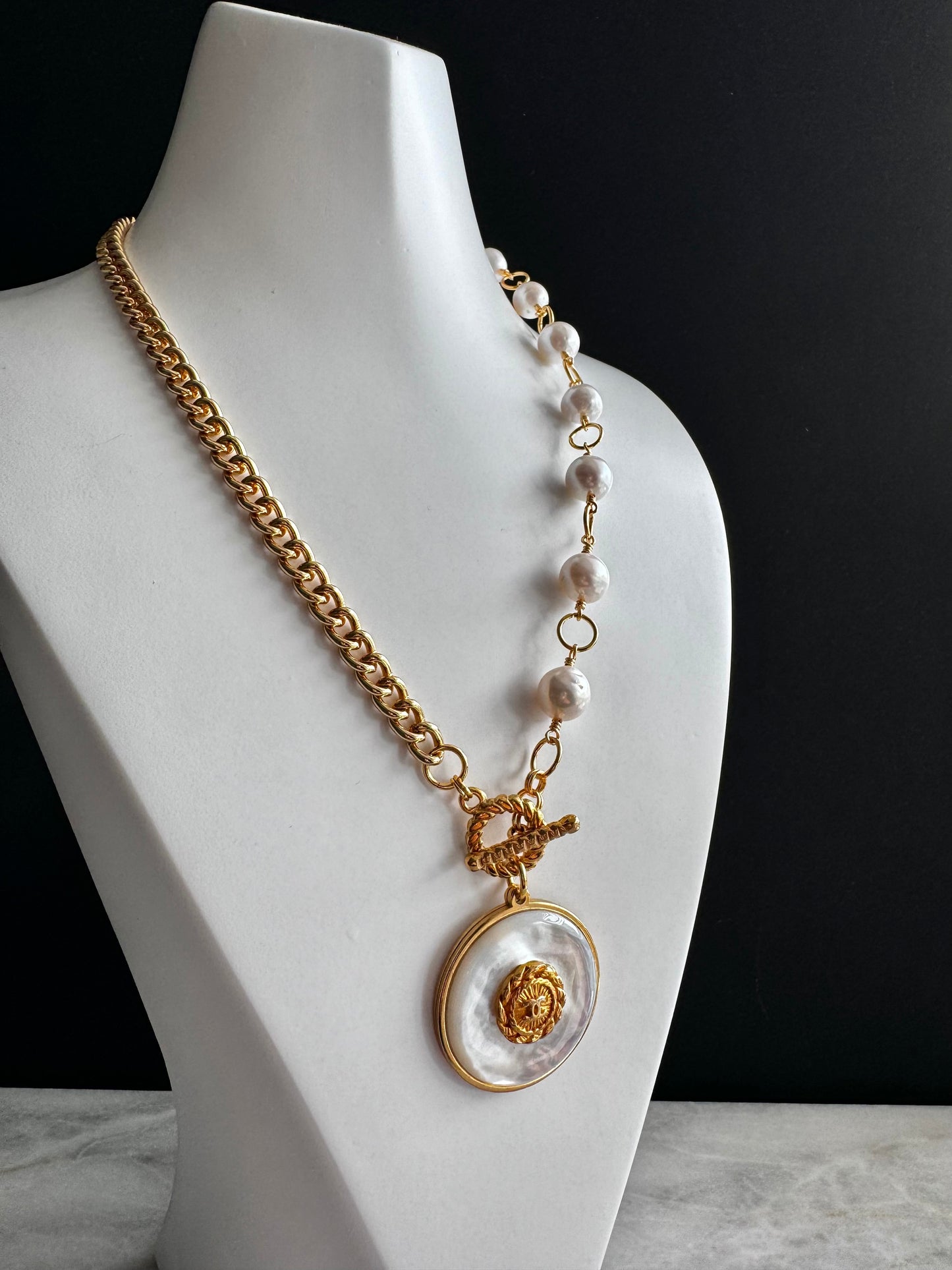 SUPER RARE Large MOTHER OF PEARL and Vintage Authentic reworked Gold button Necklace